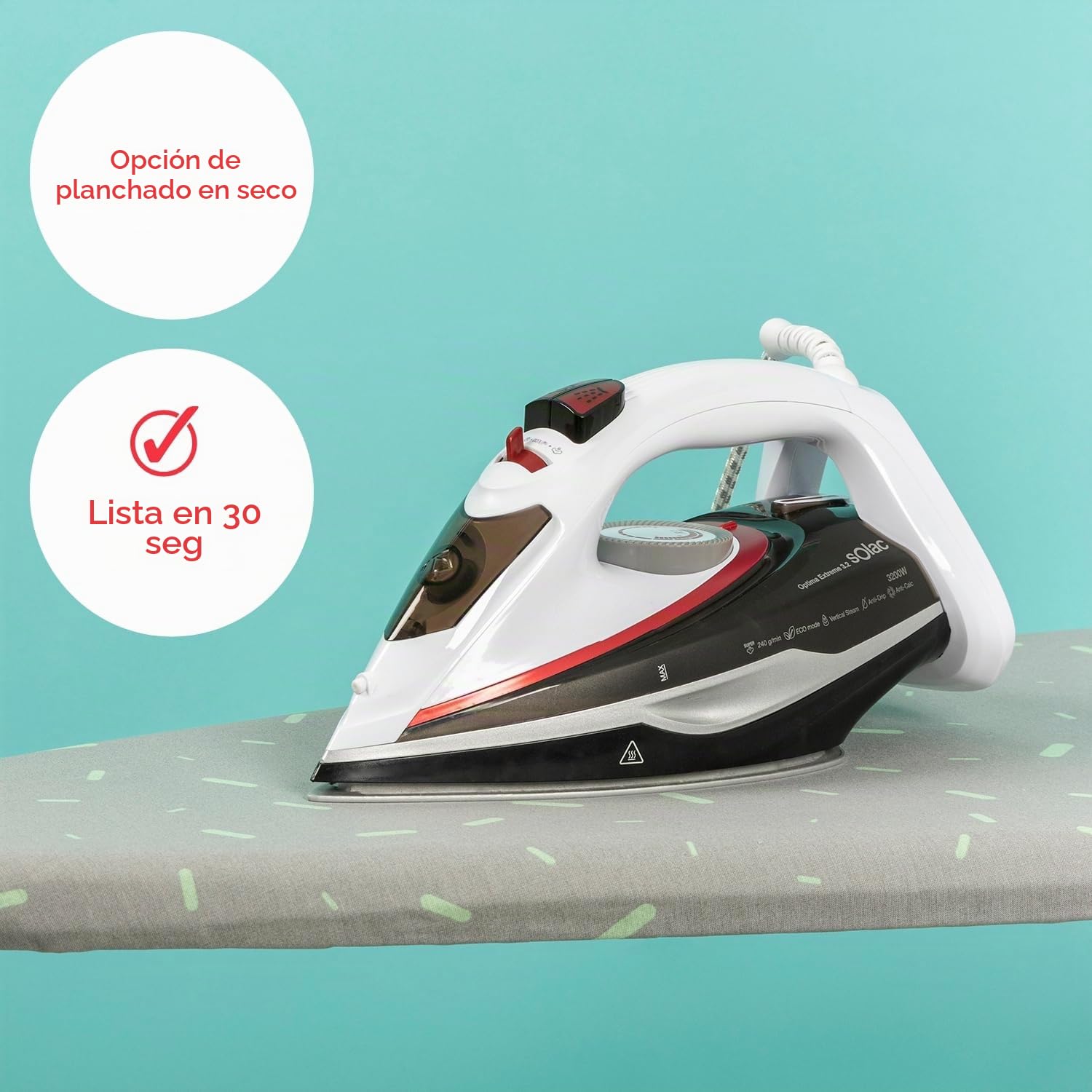 Solac – Plancha Vapor Optima Extreme 3.2 | 3200W | Golpe vapor 240g/min | Suela Bi-Flow Steam | Antical | Antigoteo | Rápido calentamiento | Autolimpieza | Blanco