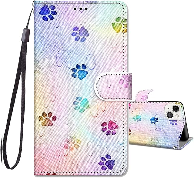 JRIANY for iPhone 14 Case/iPhone 13 Case 6.1-inch, PU Leather Wallet Case with Card Holder Animal Pattern Cute Design Shockproof Cover Flip Case Compatible with Apple iPhone 13 / iPhone 14 - Pawprint