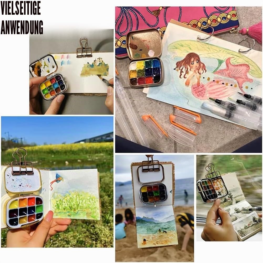 PH PandaHall tragbare Mini Blechdose mit 12 Well Aquarellpalette, Farbmischtablett, Farbaufbewahrungsbox, Reisekünstler, Outdoor Skizzenpaletten Kits mit Öltopf und Malpapier