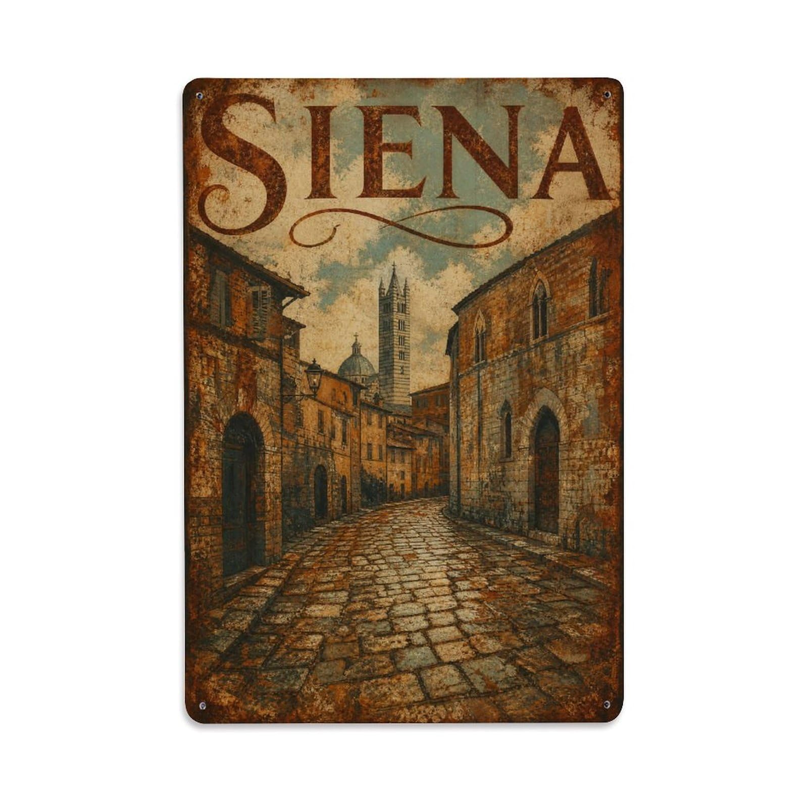 Huiyhb 8X12inch(20X30cm) Vintage Travel Siena Medieval Streets Cobblestone Italy Metal Tin Sign
