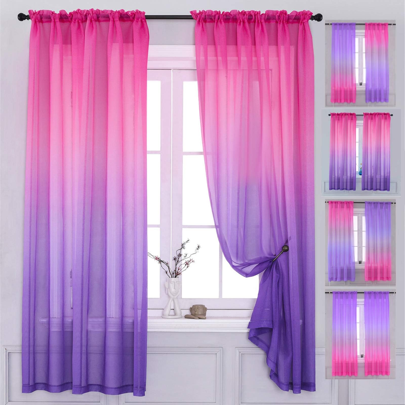 Yancorp Bedroom Curtains 63 inch Length Sheer Curtain Pink Purple Ombre Curtains Rod Pocket Drapes for Girls Living Room Mermaid Bedroom Decor, 1 Panel(Pink Purple, 40"x63")