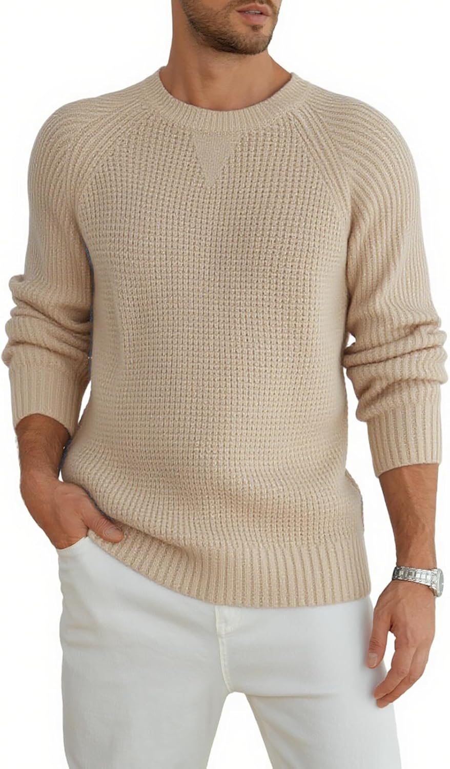 Men Fall Casual Crewneck Sweaters Waffle Knitted Pullover Textured Fashion Knit Long Sleeve Knitwear
