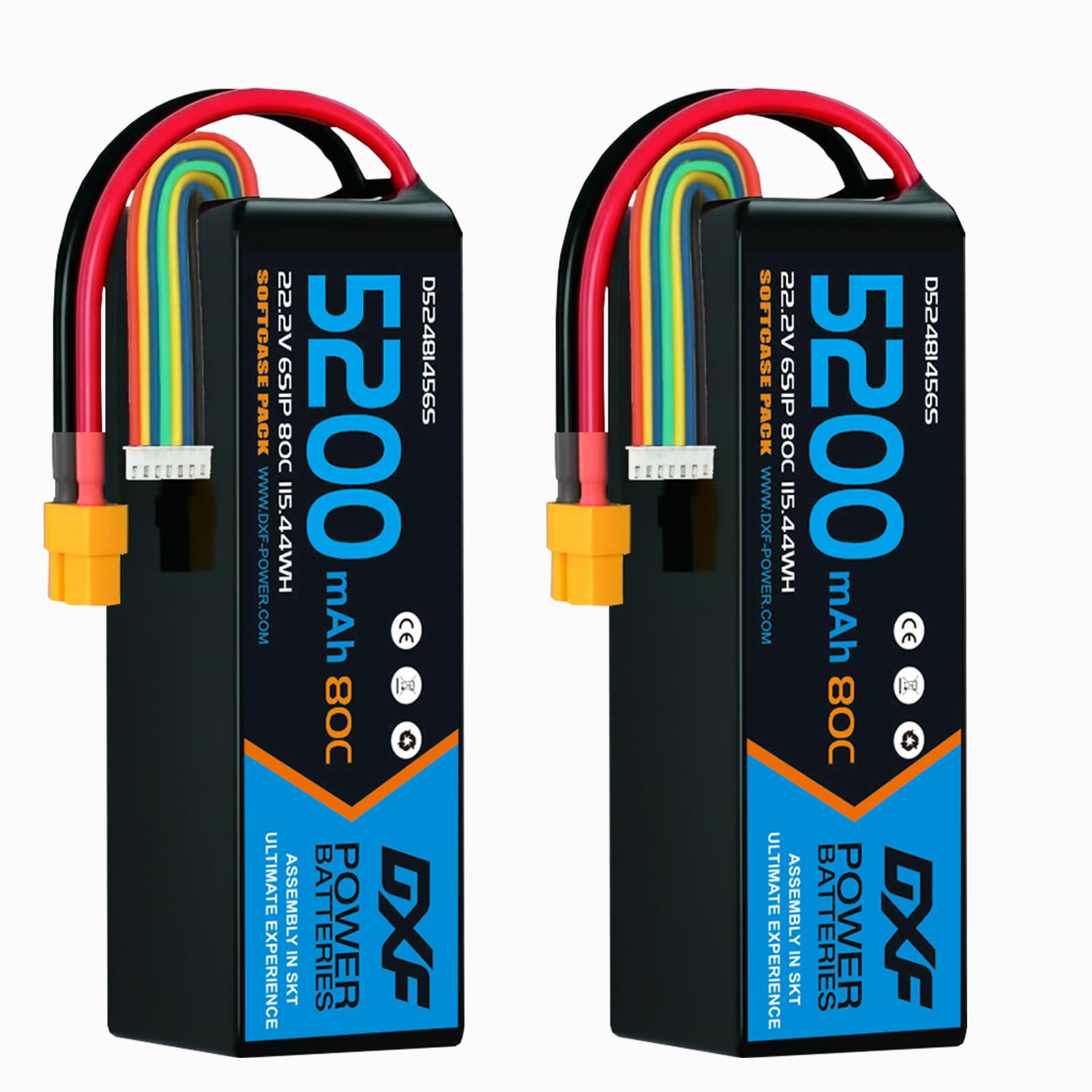 DXF batería LIPO 6S de 22.2V Battery con 5200 mAh y 80 C, 2paquetes con Conector XT60 para Drones, multicópteros, Aviones RC, helicópteros RC, Coche RC, Barco RC- Potencia y duración inigualable