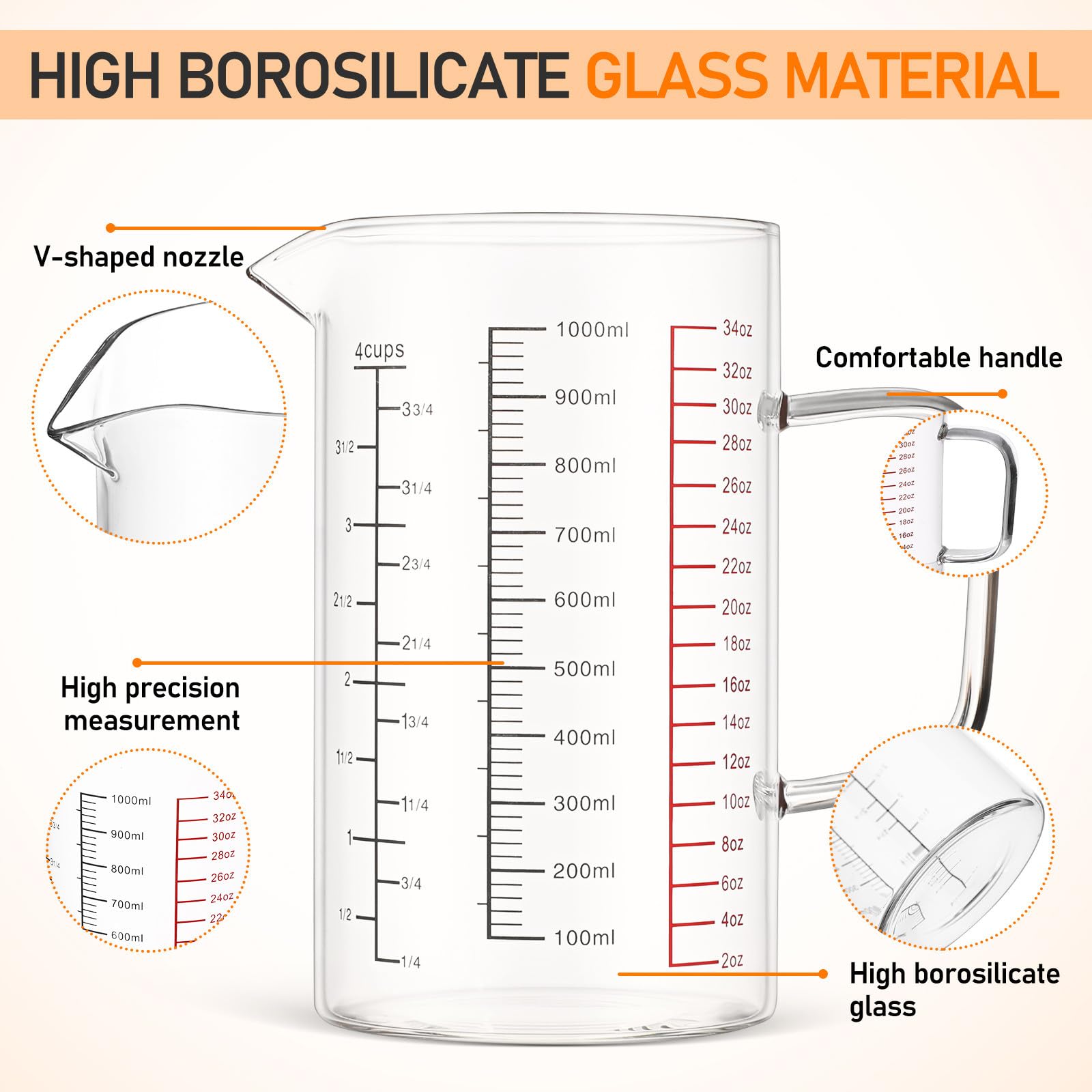 Ipetboom Misurino da Cucina con Beccuccio per Versare 1000 Ml in Vetro Borosilicato Brocca Graduata Versatile e Resistente per Cucina e Pasticceria
