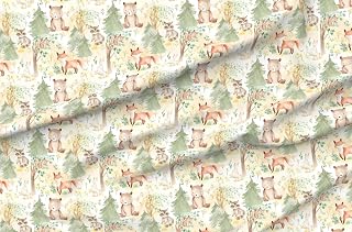 Spoonflower Fabric - Woodland Animals Forest Autumn Watercolor Nursery Fox Bear Bunny Green Printed on Minky Fabric by The Yard - Sewing Baby Blankets Quilt Backing Plush Toys