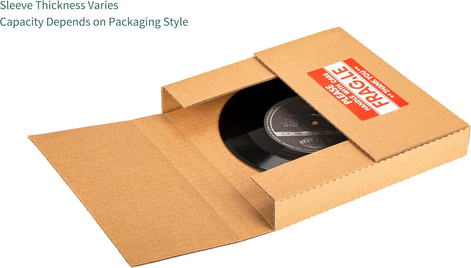 7" 45 RPM Vinyl Record Mailers (NOT for 12" LPs), 7.5" x 7.5" x 1.1" Thin Kraft Corrugated Shipping Boxes for Standard 7-Inch Singles, with Fragile Stickers, 25 Pack
