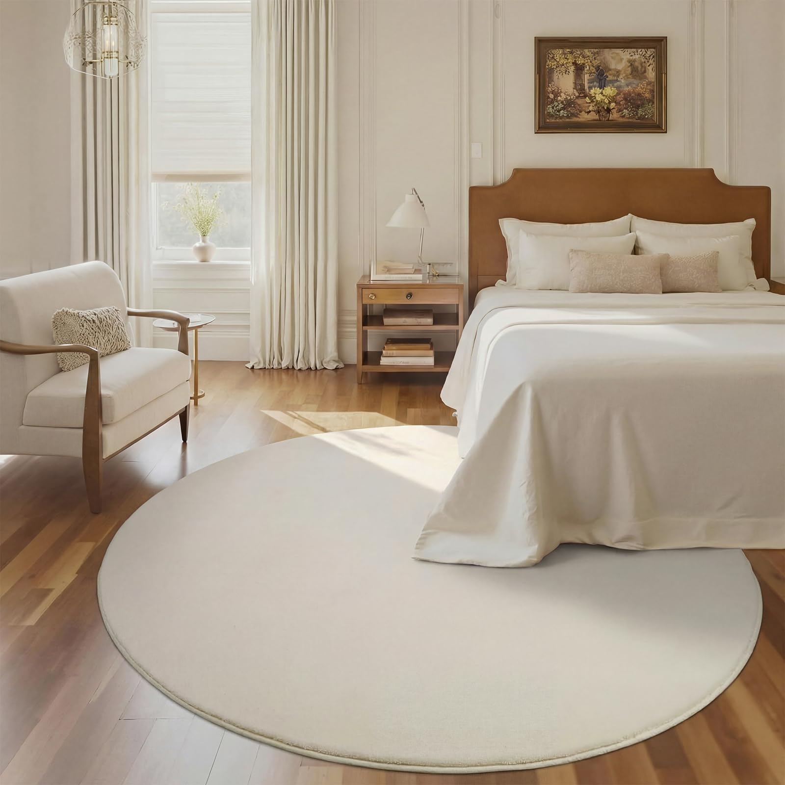 Homcomodar Runder Teppich Wohnzimmer 160cm Beige Teppich Schlafzimmer Kurzflor Anti-Rutsch Wohnzimmerteppich Flauschiger Teppiche für Schlafzimmer,Wohnzimmer,Esszimmer,Küchenteppich,Kinderzimmer