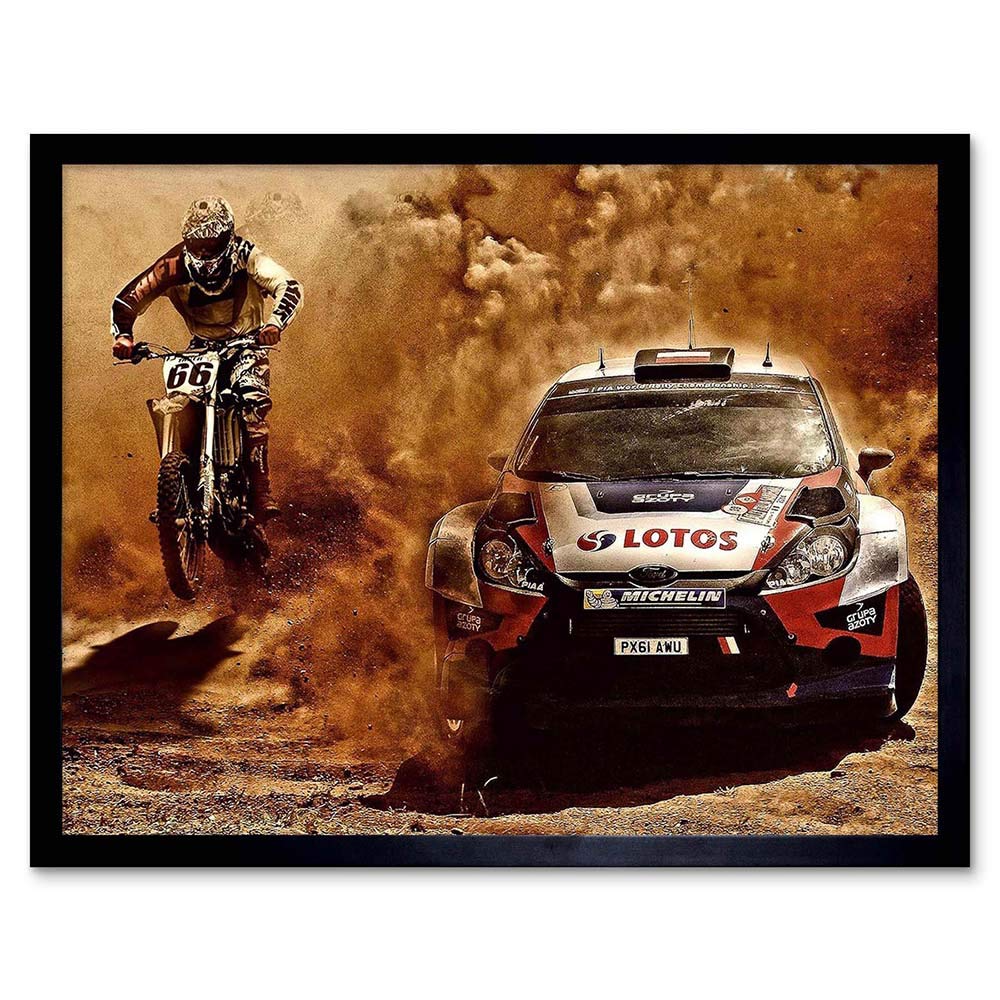 Wee Blue Coo Photograph Sport Motocross Bike Rally Car Dirt Race Art Print Framed Poster Wall Decor 12X16 Inch