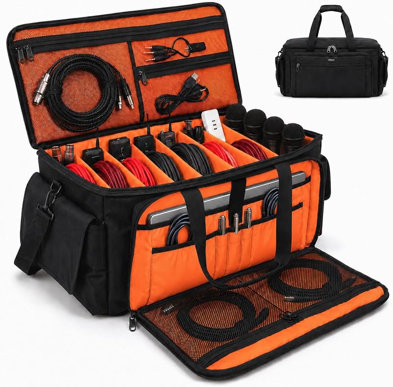 Organizador grande para bolsa de cables para DJ con bolsillo para computadora portátil y divisores ajustables | Bolsa para DJ para equipos y accesorios musicales, bolsa de viaje para equipo de DJ profesional, instrumentos musicales, naranja