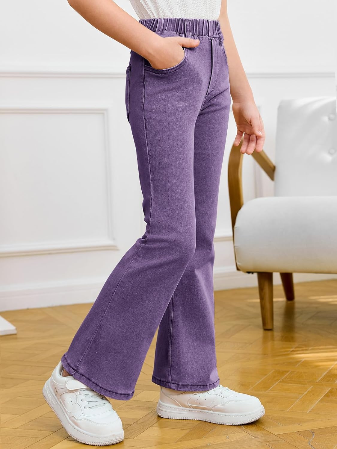 Haloumoning Girls Flare Jeans Kids Fashion Stretchy Denim Pants Bell Bottoms with Pockets - Image 4