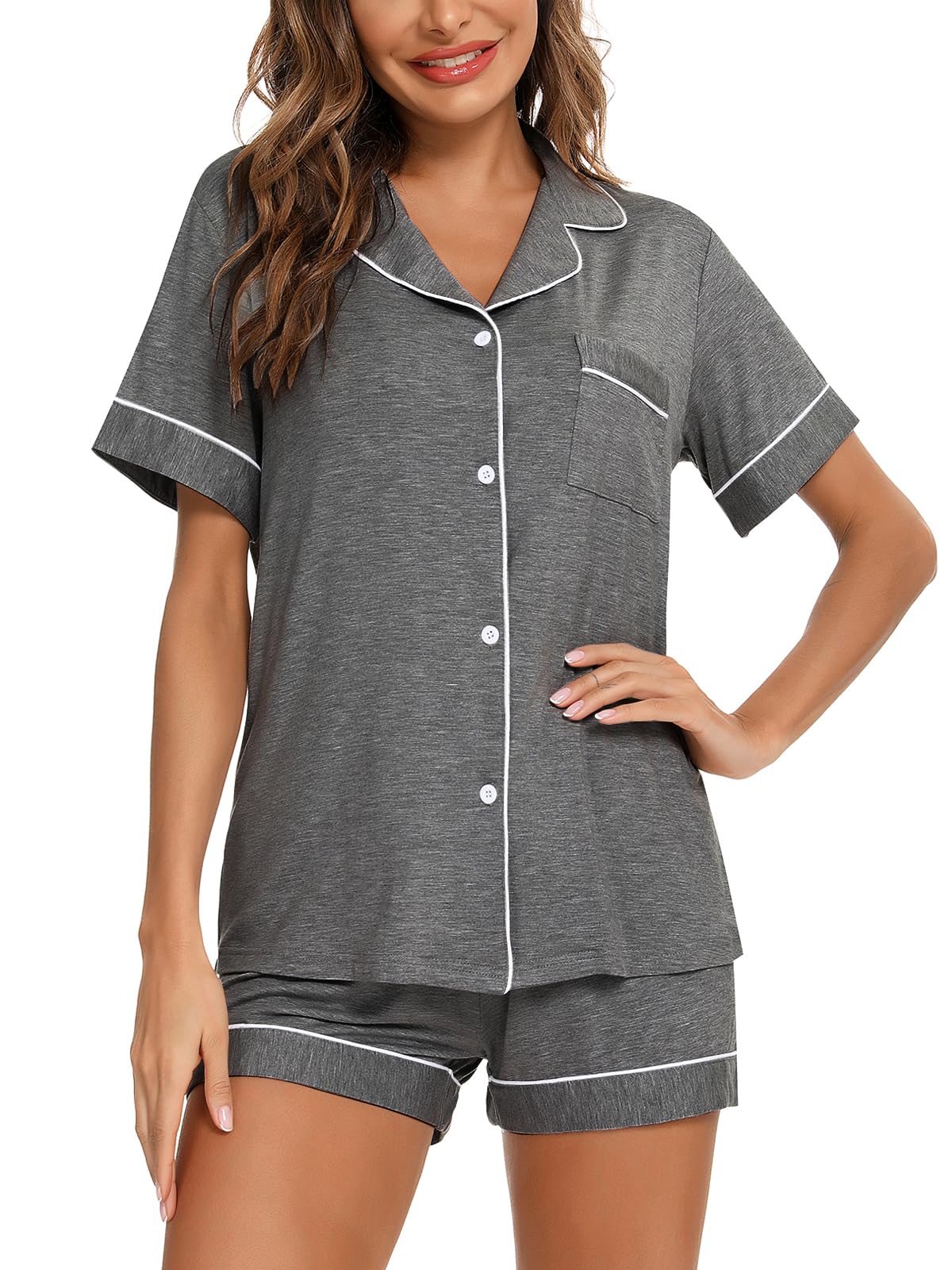Aamikast Button Up Pajama Set for Women Shorts Short Sleeve Knit Sleepwear 2 Pice Pjs Sets