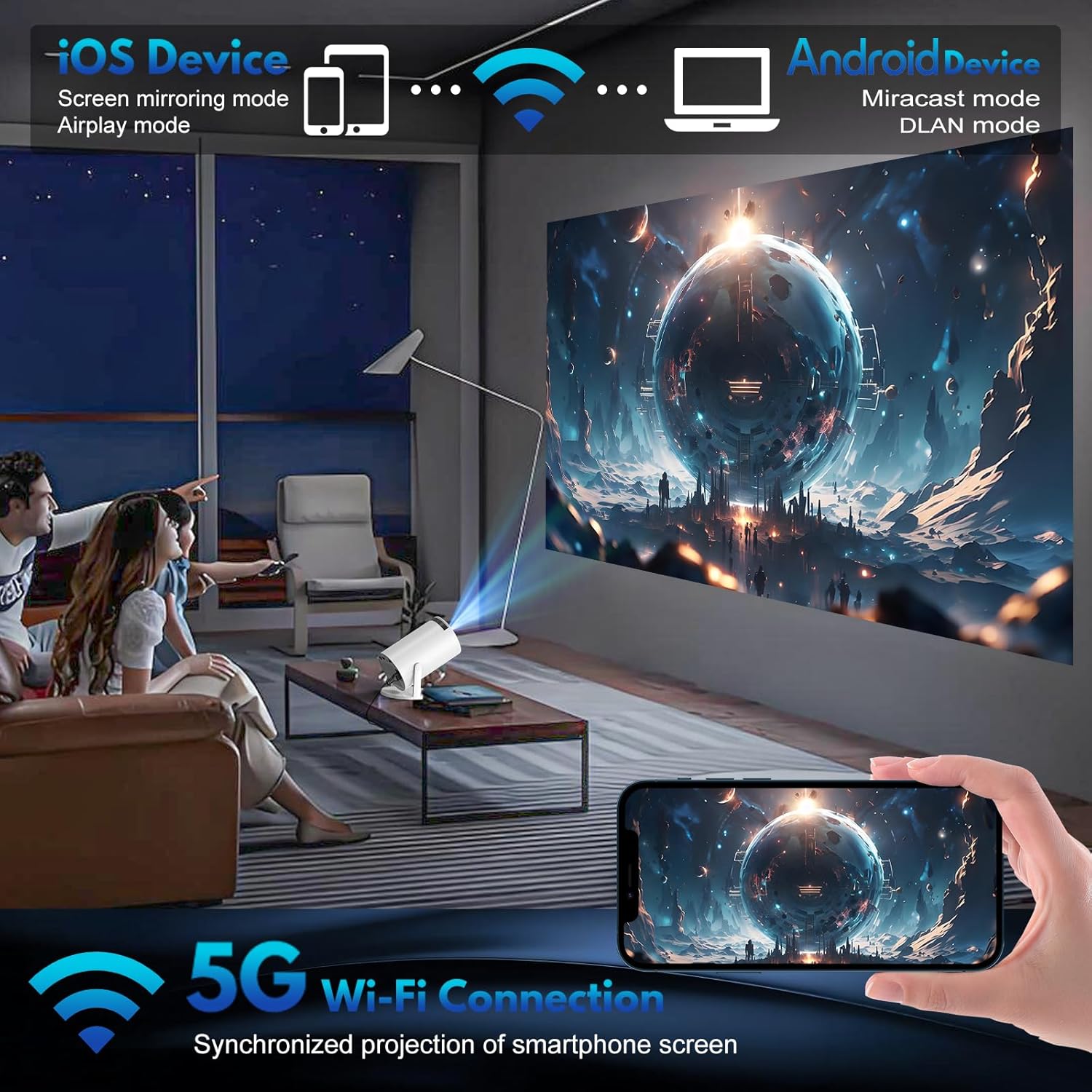 AGIMA X1 Projector displaying content mirrored from a smartphone