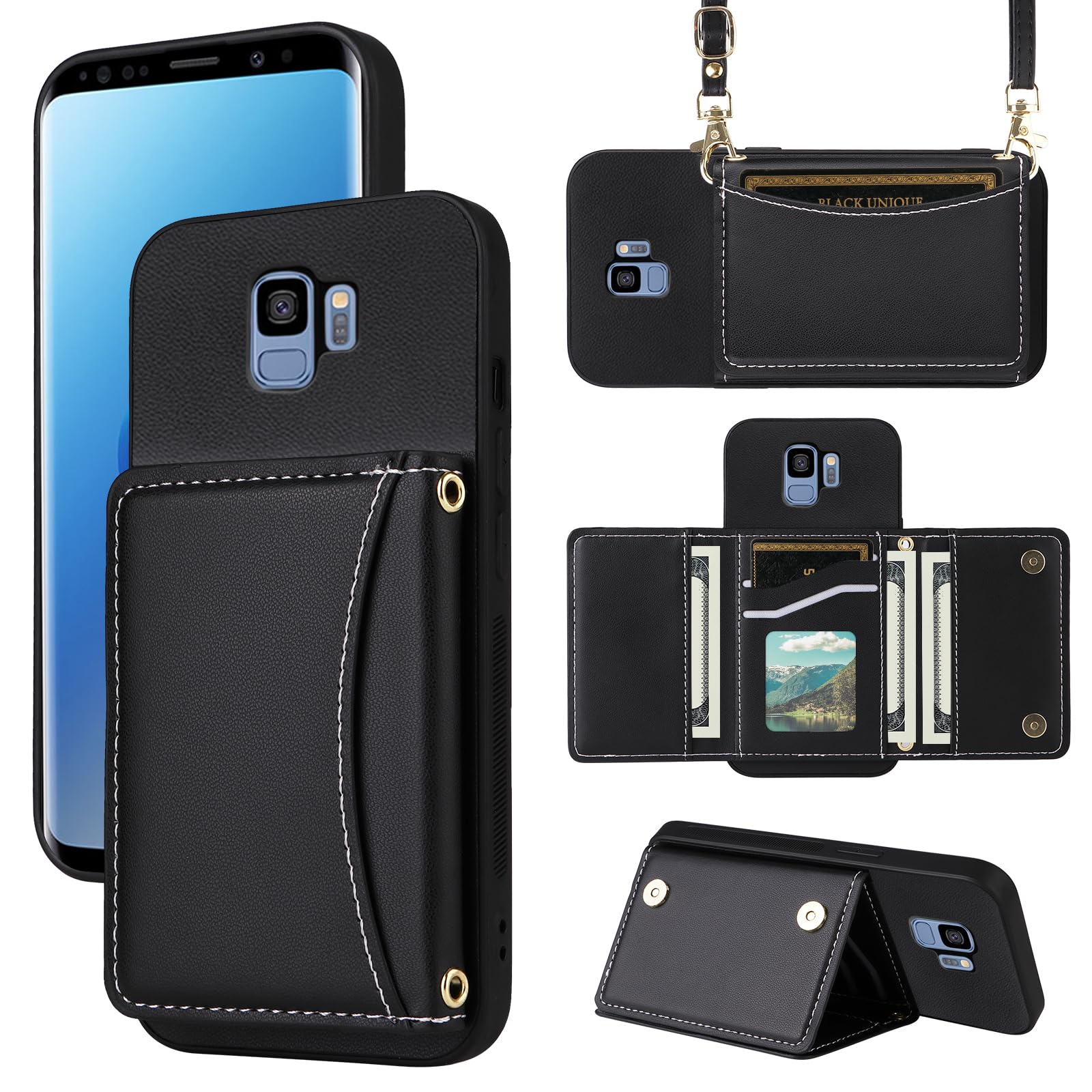 Furiet Wallet Case for Samsung Galaxy S9 with Crossbody Strap Premium PU Leather Card Holder Shockproof Heavy Duty Full Body Accessories Slim Cell