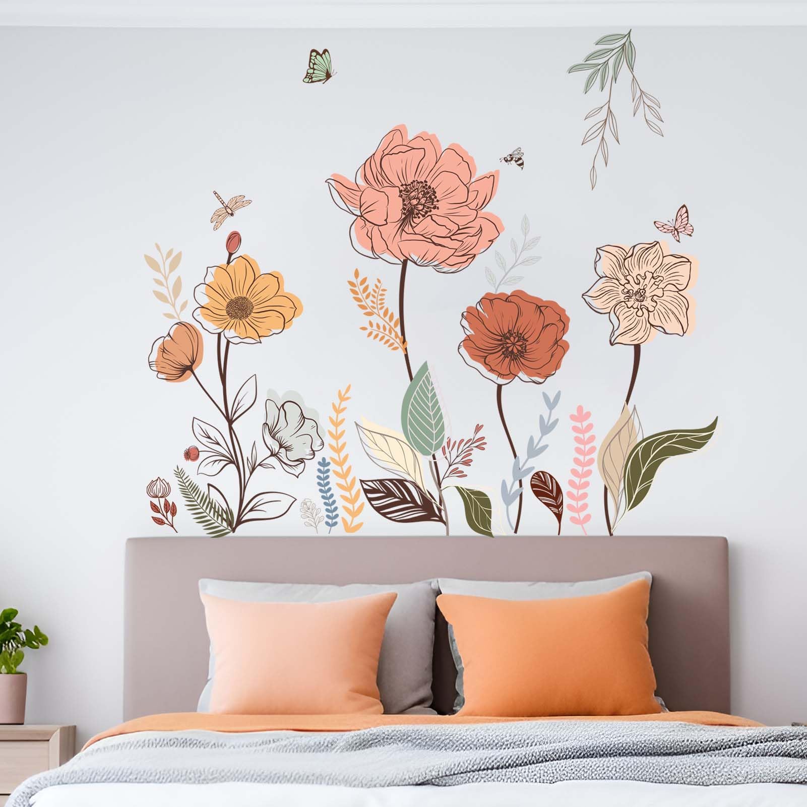 Boho Flower Wall Stickers for Bedroom: Peel and Stick Wildflower Floral Butterfly Wall Stickers - Image 3