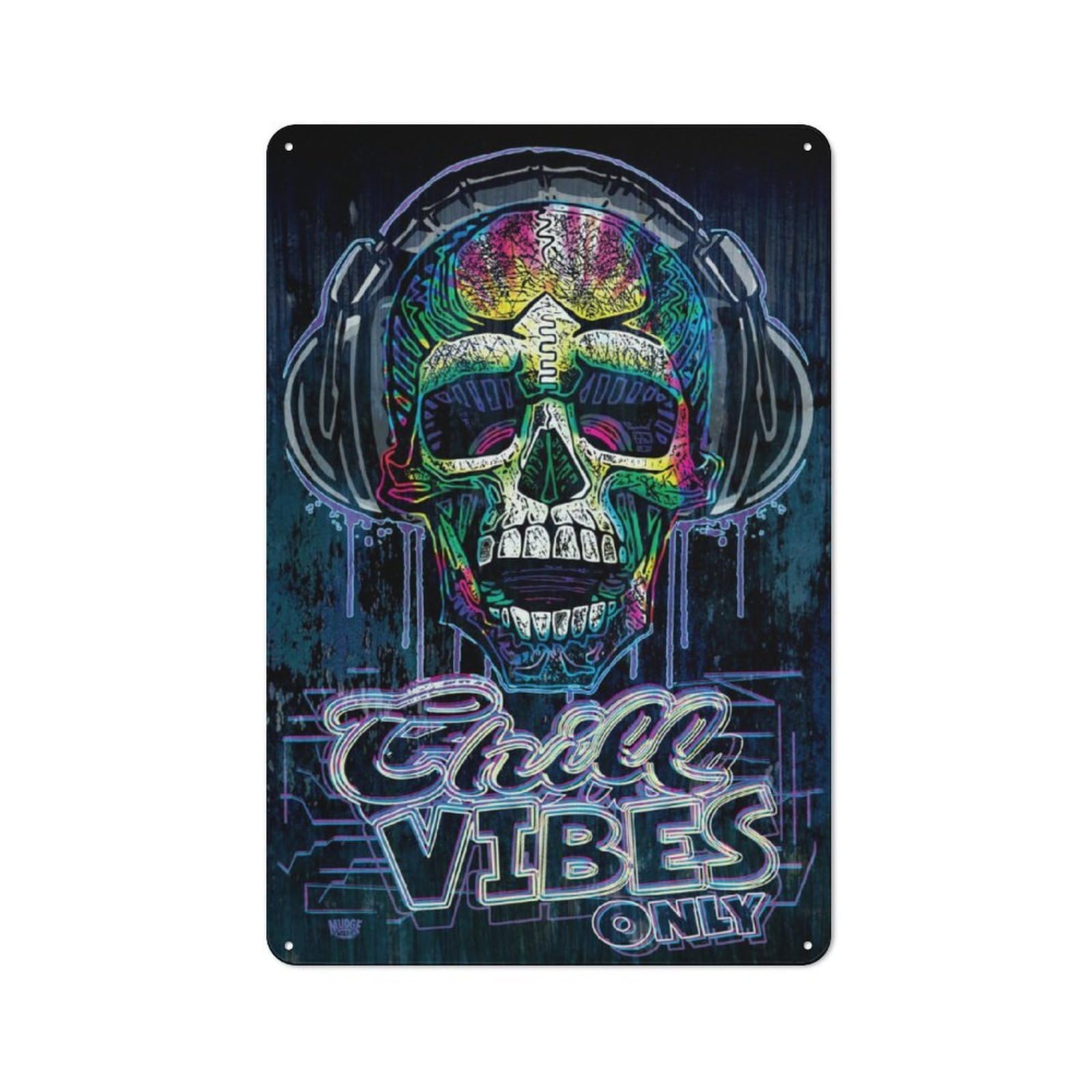 Junmoney Dripping Skull Chill Vibes Decorative Metal Plaque With Design 30X20cm, Casual Utility Space Decor For Patio Bar, Workshop, Shed Or Kitchen
