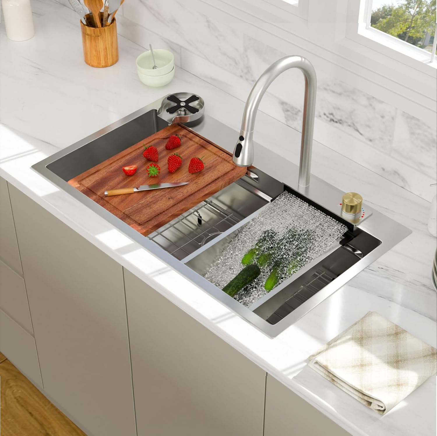 33 Inch Waterfall Kitchen Sink - Beslend 33x19 Drop In Waterfall Sink Workstation Smart Sinks 16 Gauge Stainless Steel Single Bowl Single Dish Basin with Faucet Combo