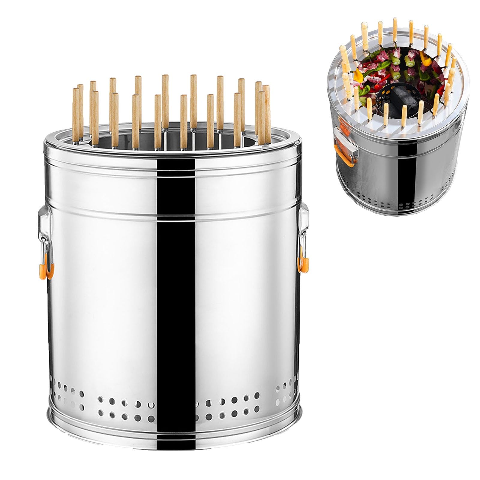 Griglia per affumicatore a carbone verticale portatile con spiedini in acciaio con manico in legno, per esterni e interni, per campeggio, barbecue senza fumo
