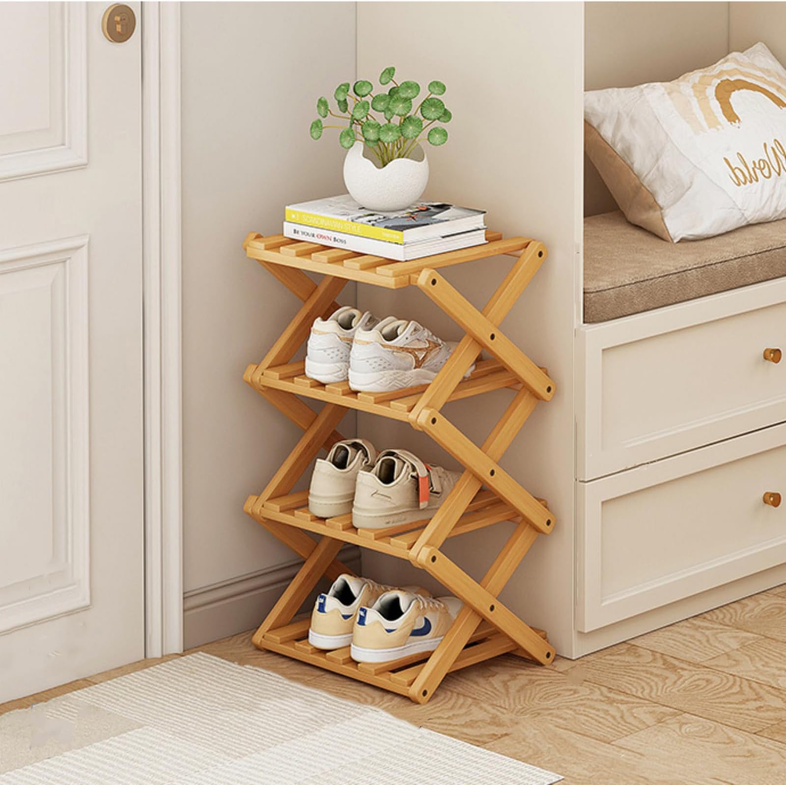 Foldable Shoe Rack, Bamboo Vertical Shoe Organizer Tall for Small Spaces. Multifunctional Narrow Shoe Shelf for Entryway, Closet, Corner, Bedroom, Hallway, Wood Color 4 Layers