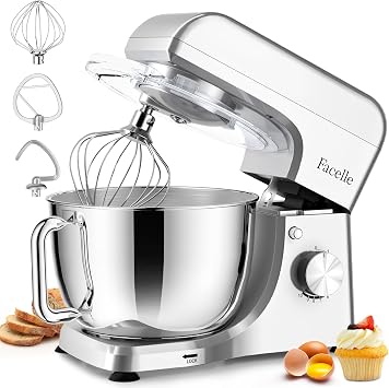 Facelle Stand Mixer, 1500W Electric Kitchen Mixer, 10 Speeds Food Mixer with Pulse, Attachments include 5.5L Stainless Steel Bowl, Dishwasher Dough Hook, Whisk, and Beater for Baking - Silver