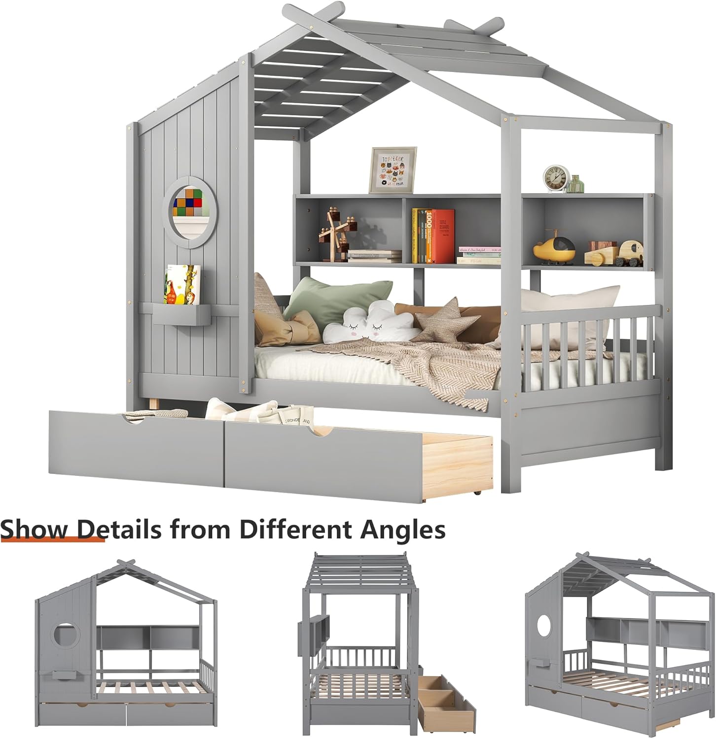 Twin Bed Frames for Kids, House Bed with Window and Fence, Wood Platform Bed Frame with Drawers and Shelves, Playhouse Bed for Boys Girls, Gray, 78" L x 42.7" W x 72" H