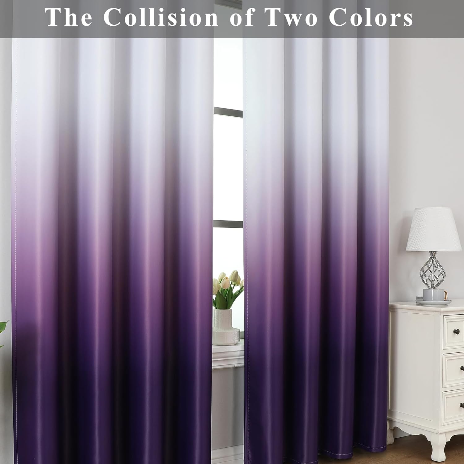 Estelar Textiler Purple and Greyish White Gradient Blackout Curtains 84 Inch Length 2 Panels Set for Bedroom, Ombre Light Blocking Insulated Thermal Window Grommet Curtains for Living Room, 52Wx84L