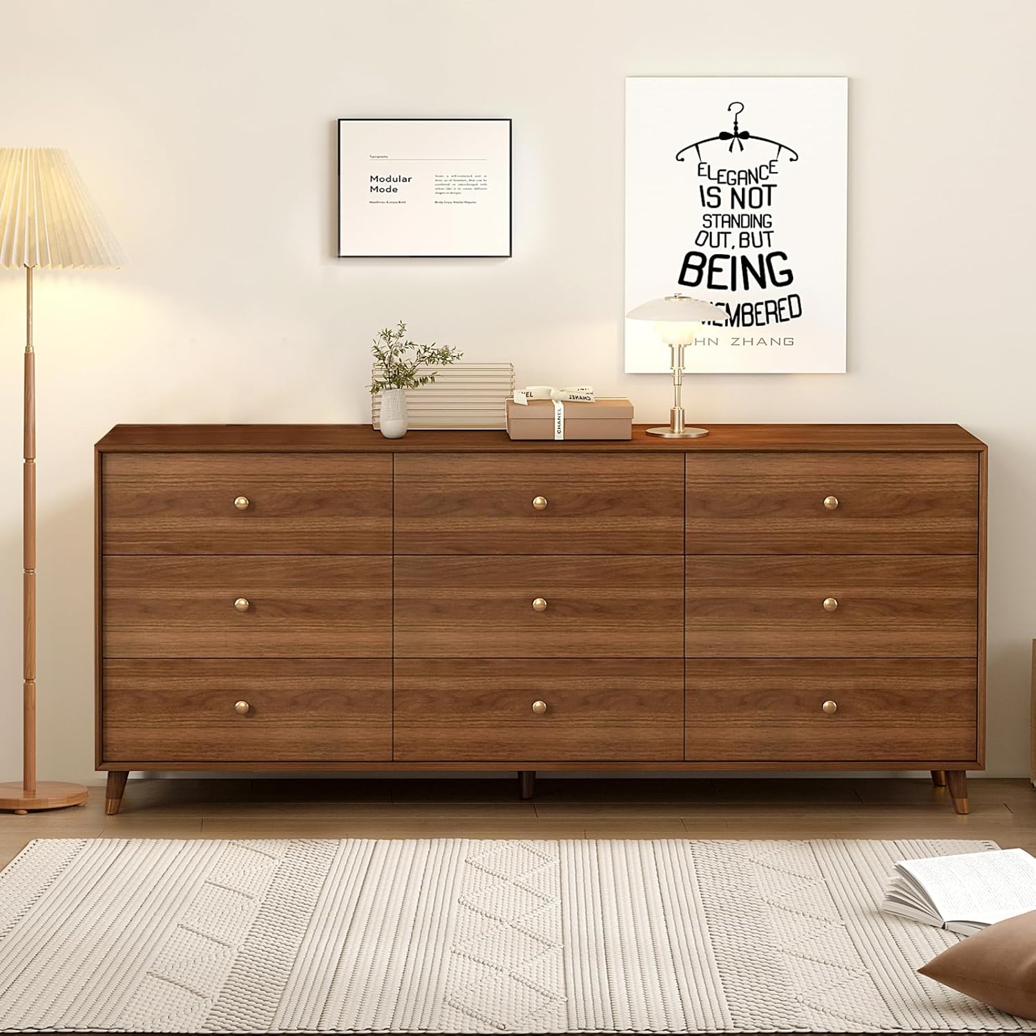 9 Drawer Dresser For Bedroom, 63 Inch Dresser for Closet with Walnut Frame, Modern Solid Wood Chest of Drawers with Natural Texture & Pre-Embedded Slots For TV Stand, Living Room, Hallway, Office Brown-d202-160