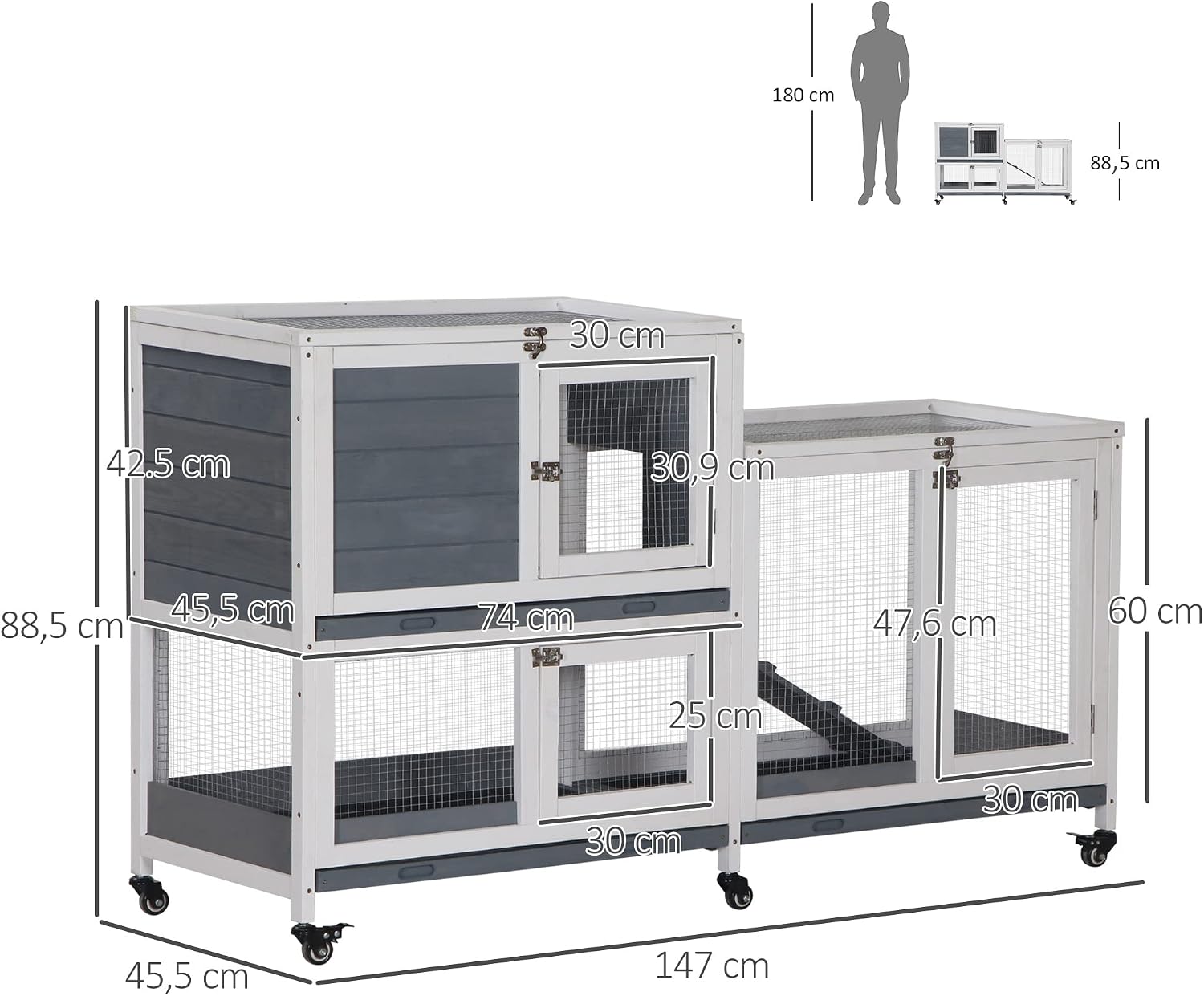 PawHut Wooden Rabbit Hutch on Wheels 147 x 45.5 x 88.5 cm 2 Tier Rabbit Cage with Opening Roof 3 Removable Trays 3 Doors with Latch and Ramp Grey
