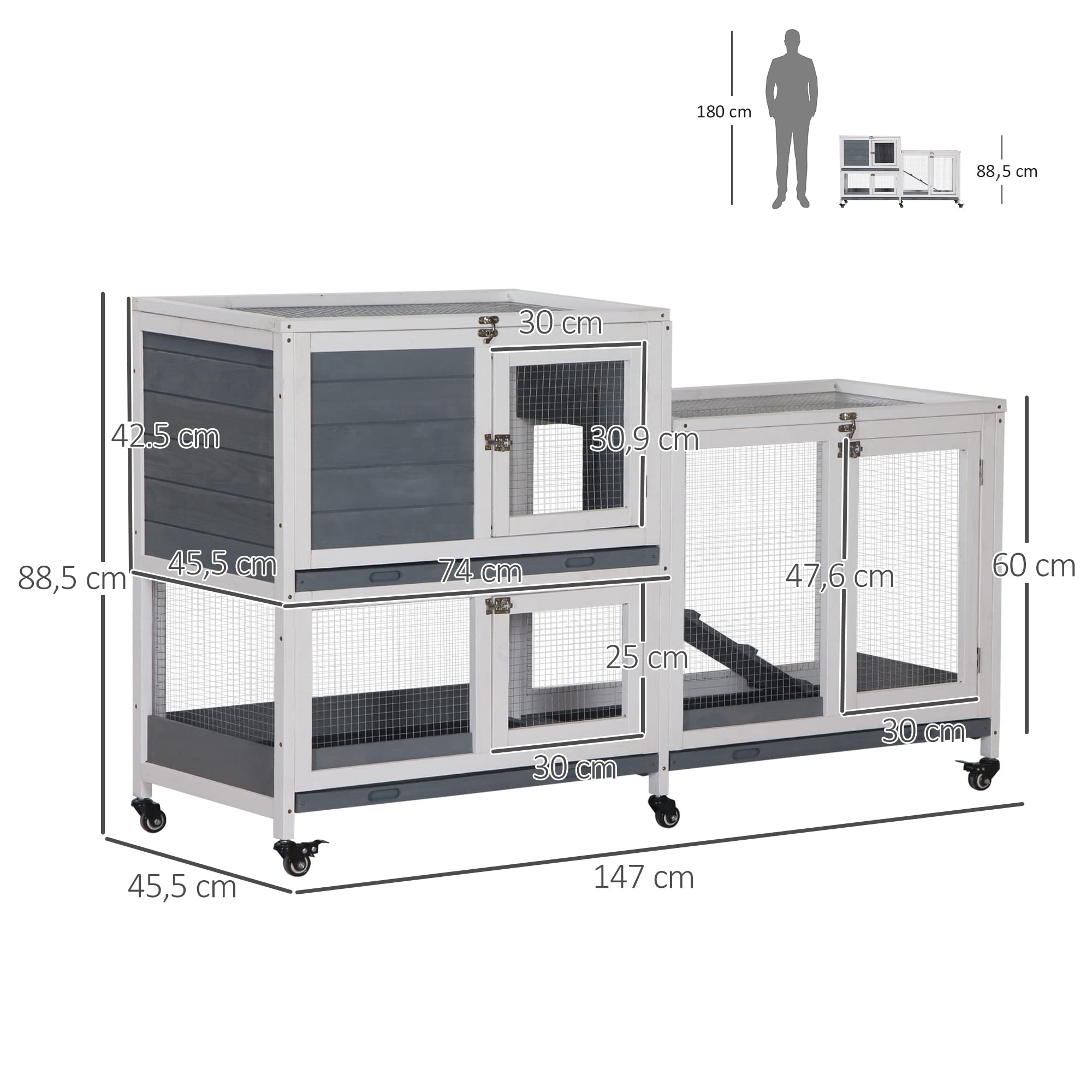 PawHut Conigliera in legno su ruote 147x45,5x88,5 cm Gabbia per conigli a 2 livelli con tetto apribile 2 corridoi in metallo 3 vassoi rimovibili 3 porte con chiusura e rampa Grigio