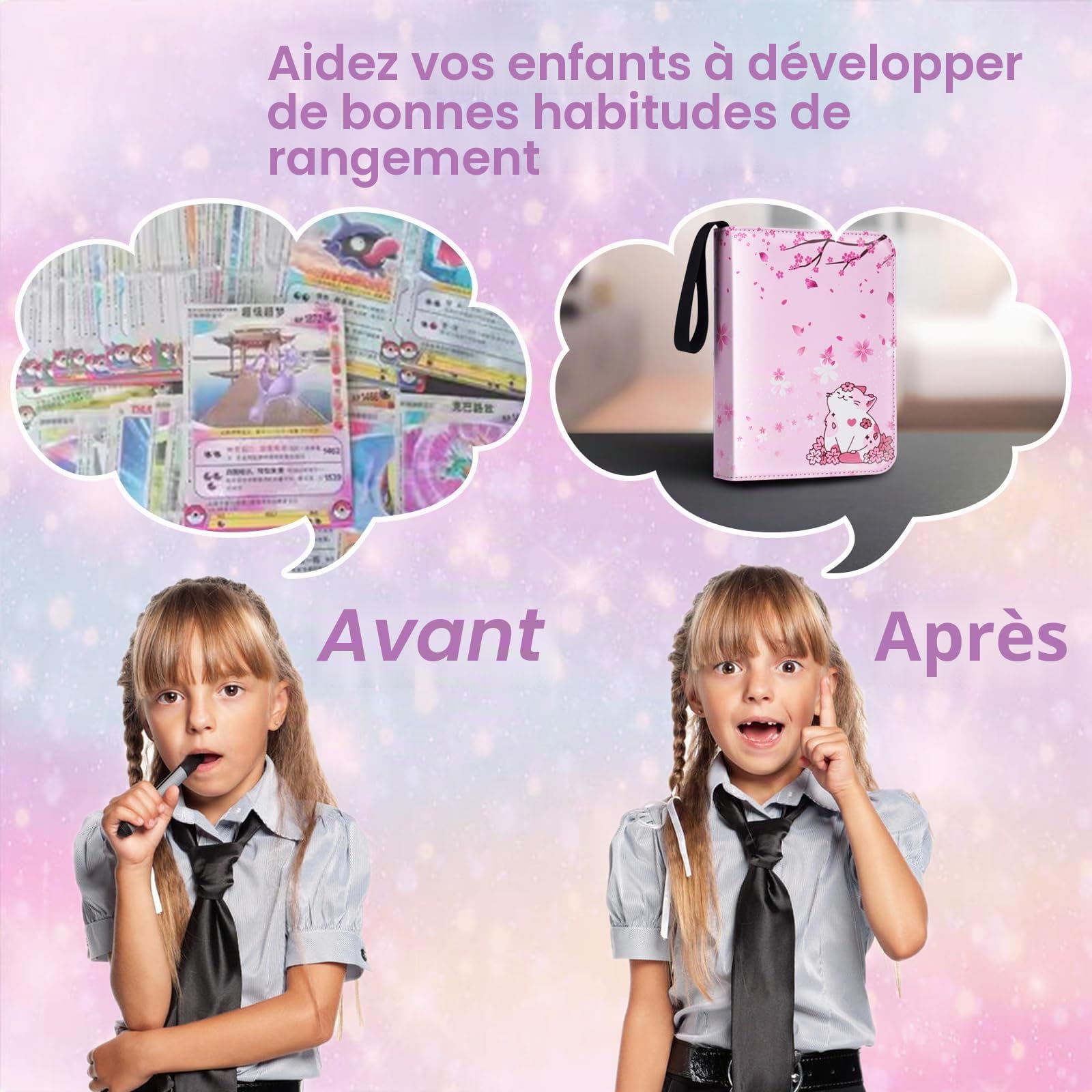 CLOKORIA Classeur pour Filles - Porte Cartes Avec 440 Emplacements, 55 Pages - Organisateur de Cartes TCG et Sport, Album à Collectionner Rose (Chat)