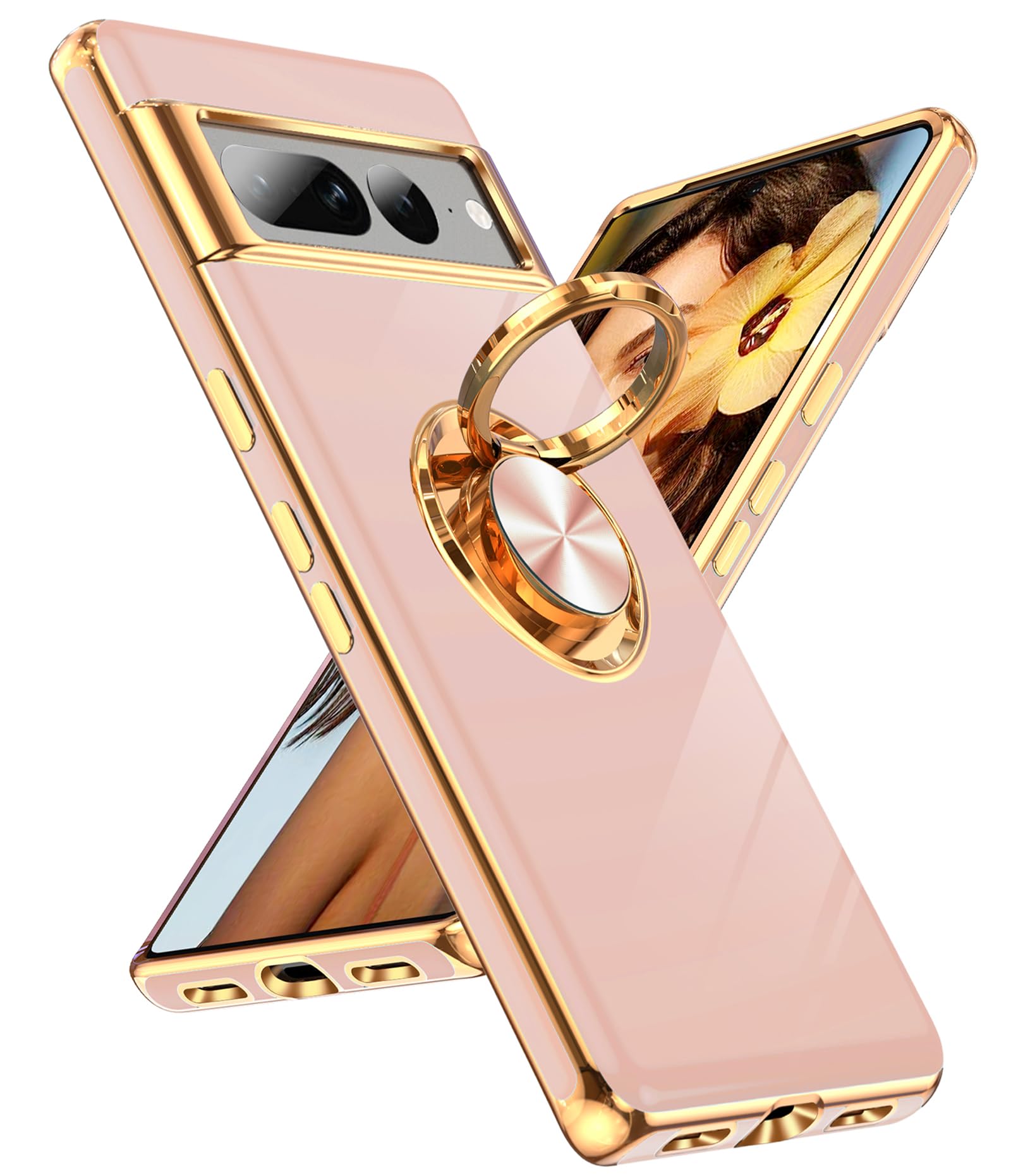 LeYi for Pixel-7-Pro Case: 360° Rotatable Ring Holder Magnetic Kickstand, Plating Rose Gold Edge Protective for Google Pixel 7 Pro Case, Pink