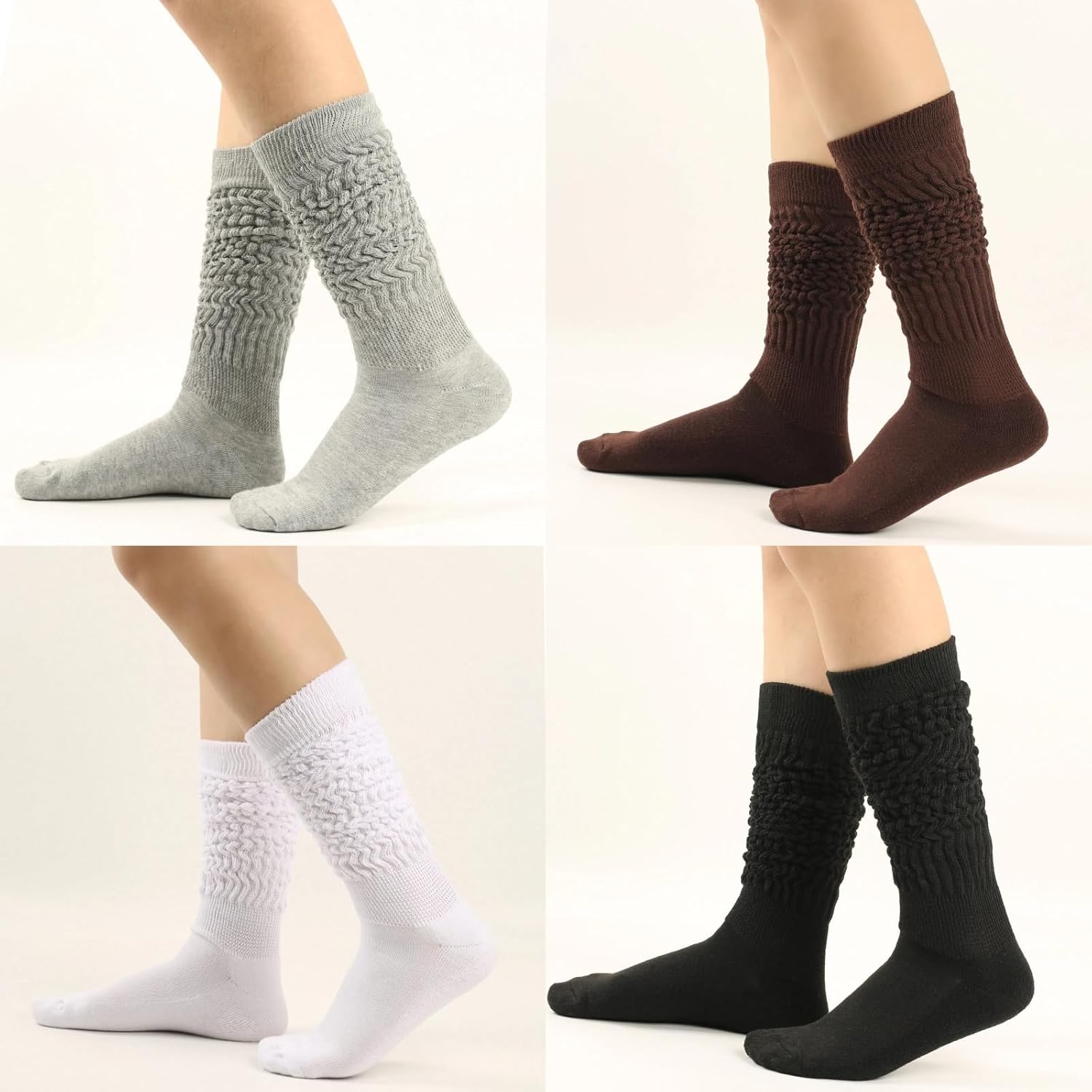 4 Pairs Slouch Socks for Women (Black, White, Light Gray, Coffee) - Thickened Knee High Boot Socks, Warm Leg Warmers, Cute Scrunchy Chunky for Winter & Boots - Image 2