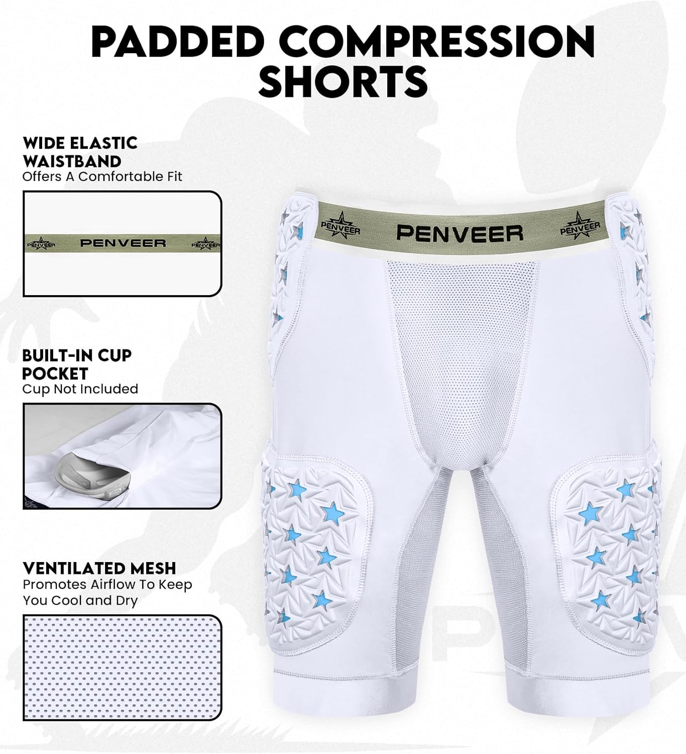 5-Pad Adult Football Girdle for Men with Cup Pocket - 2-Tone Integrated Hip, Thigh & Tailbone Pads for Maximum Protection, Men's Padded Compression Shorts - Image 2