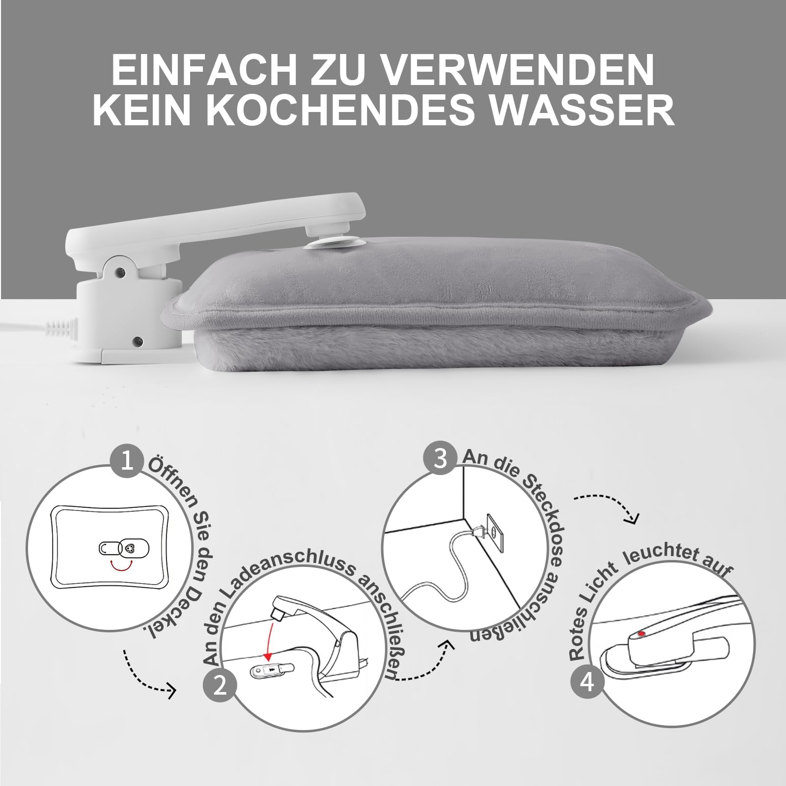 Wärmflasche Elektrisch,Tragbare Elektrische Wärmflasche Mit Weichem Bezug,Elektrische Wärmflasche Wohltuende Wärme an Rücken,Bauch, Nacken (Grau)