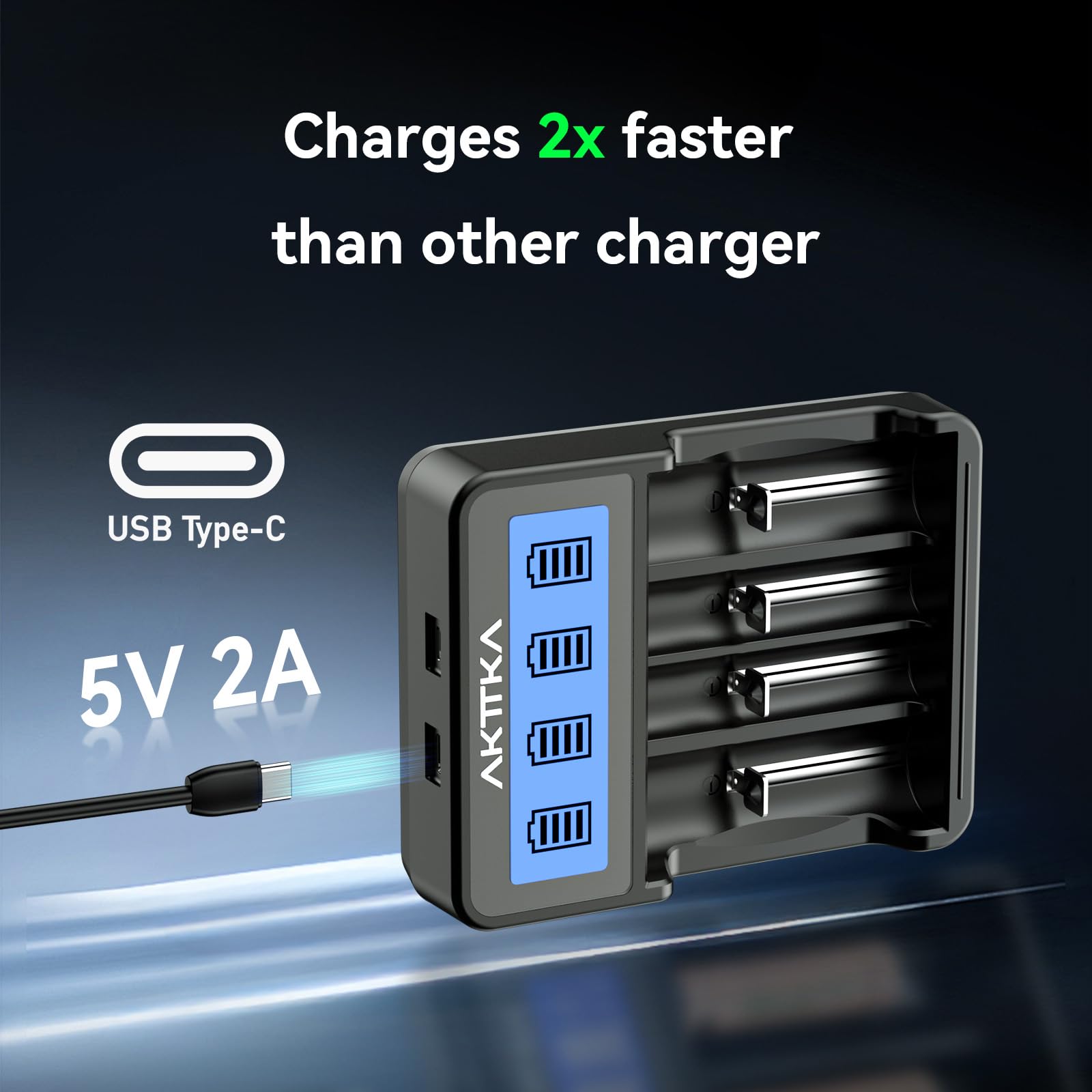 AKTTKA Cargador de Baterías 18650 Inteligente de 4 Bahías Indicador LCD Entrada Type-C/Micro-USB Compatible con Baterías Li-Ion de 3,7V (18650/21700) y Baterías NiMH de 1,2V (AA/AAA/C) Recargables — view 6