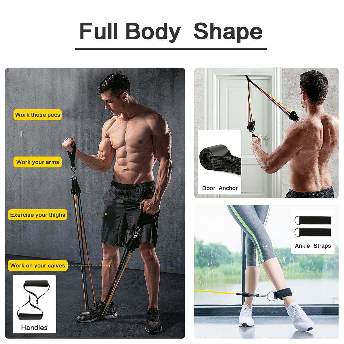 Widerstandsbänder Set (11 Stück), Übungsbänder Männer & Frauen Fitnessbänder mit Türanker, Griffen, Tragetasche, Beine, Knöchelriemen für Widerstandstraining, Physiotherapie, Yoga