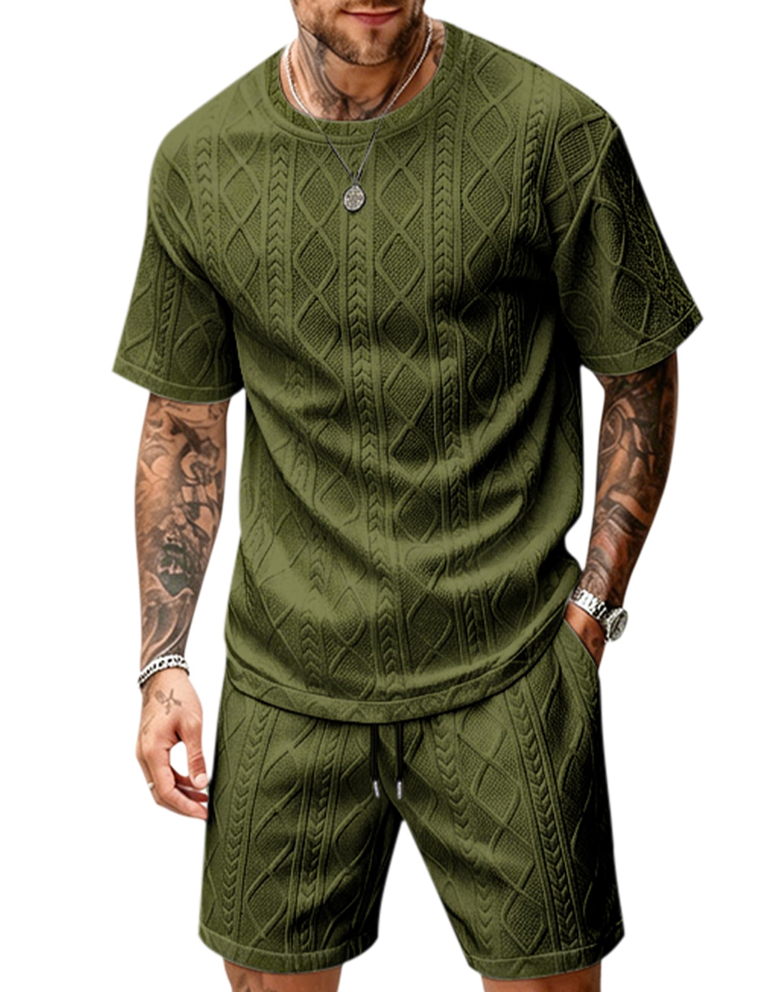 Men's 2 Piece Outfits Textured Short Sets Casual Short Sleeve T Shirt and Shorts Summer Tracksuit Off-Duty Set