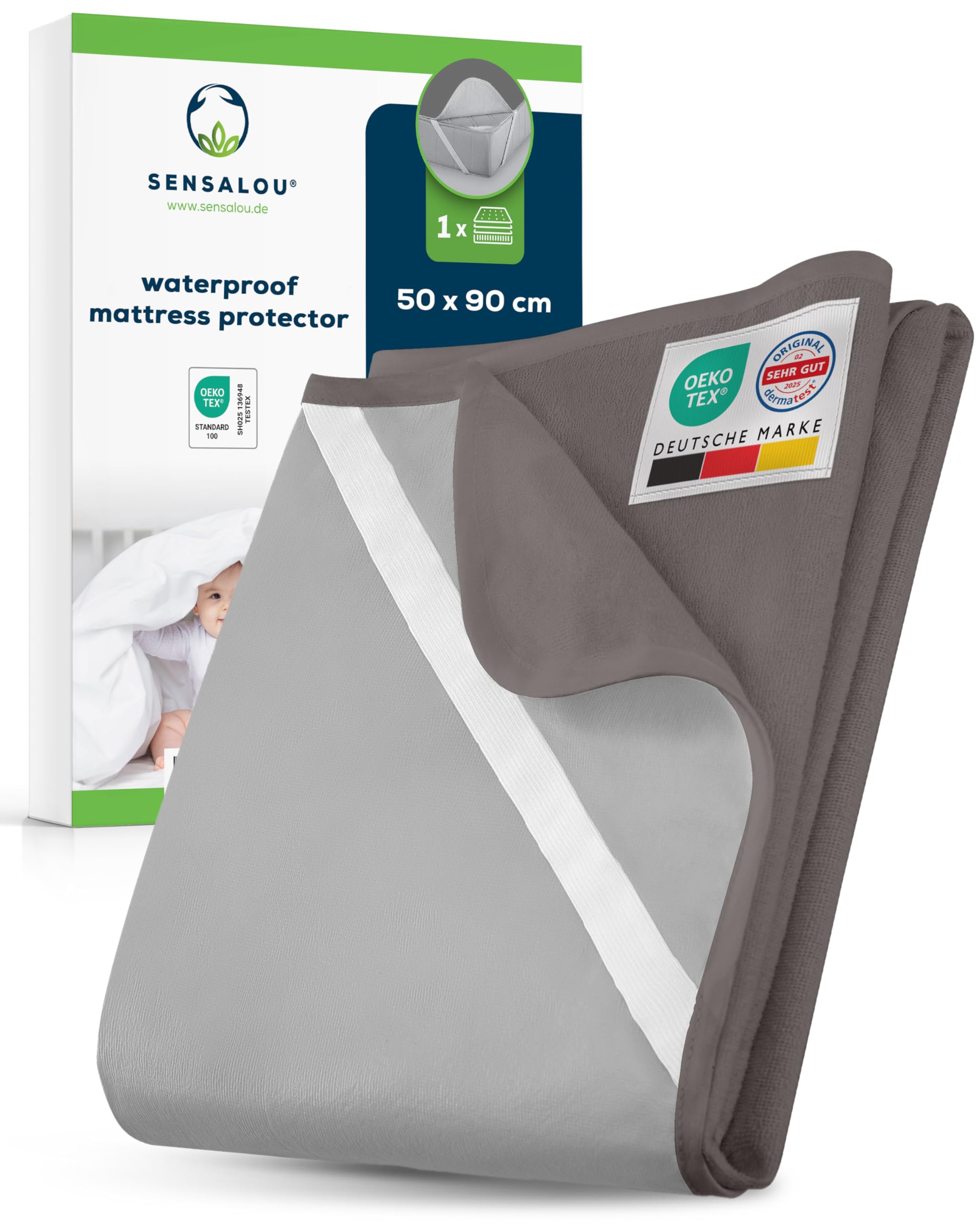 Sensalou Gray Waterproof Mattress Protector 50 X 90 Cm Grey – Mattress Cover For Bed And Baby Cot, Breathable Terry Mattress Protector With Elastic Corner Straps, Soft Quiet Mattress Pad Washable At 95 °C