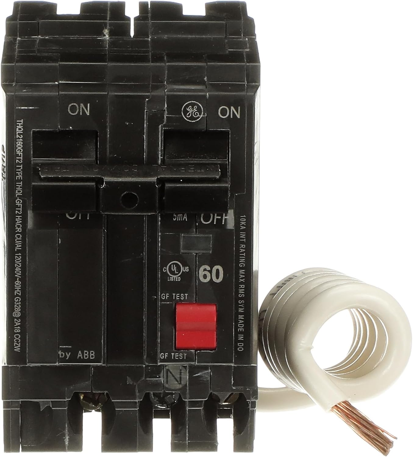 ABB Q-Line® THQL2160GFT2 60A Circuit Breaker • 60 Amp Double Pole Ground Fault Breaker with Self-Test • 2-Pole Ground Fault Circuit Interrupter • Electrical Safety Switch