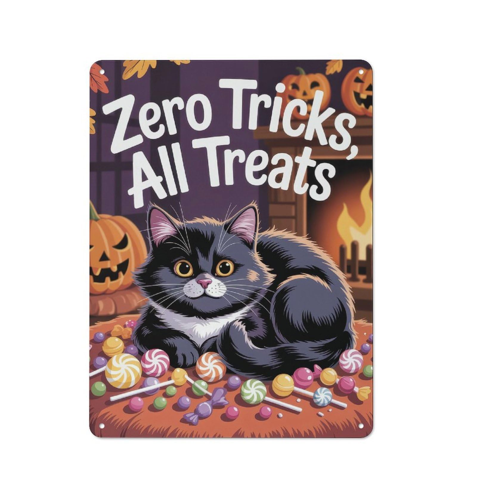 Junmoney Zero Tricks, All Treats Halloween Cat Cottage Metal Wall Decor 40X30cm, Shed Metal Sign For Patio Bar, Workshop, Shed Or Kitchen