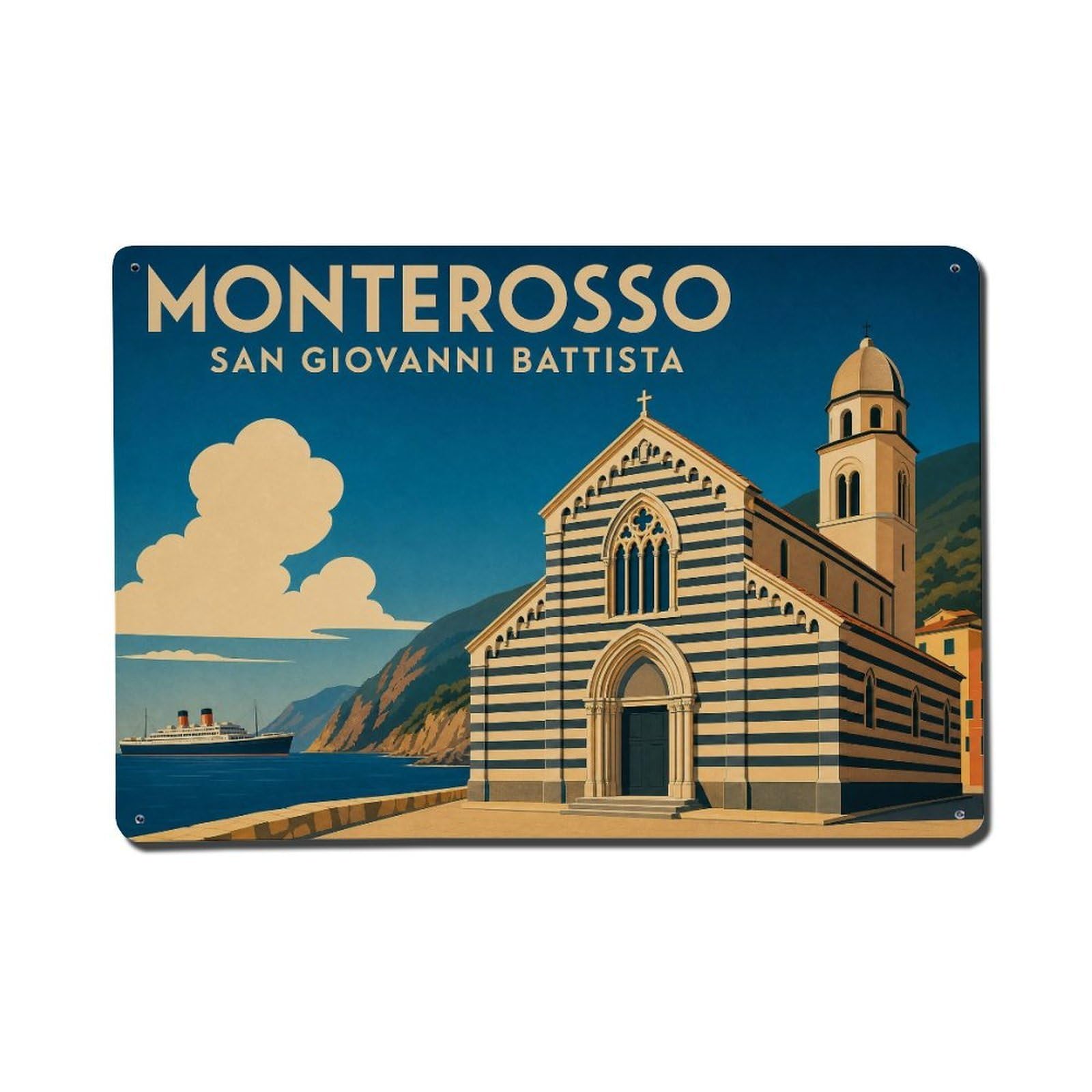 Vintage Travel Monterosso San Giovanni Church Striped Metal Tin Sign
