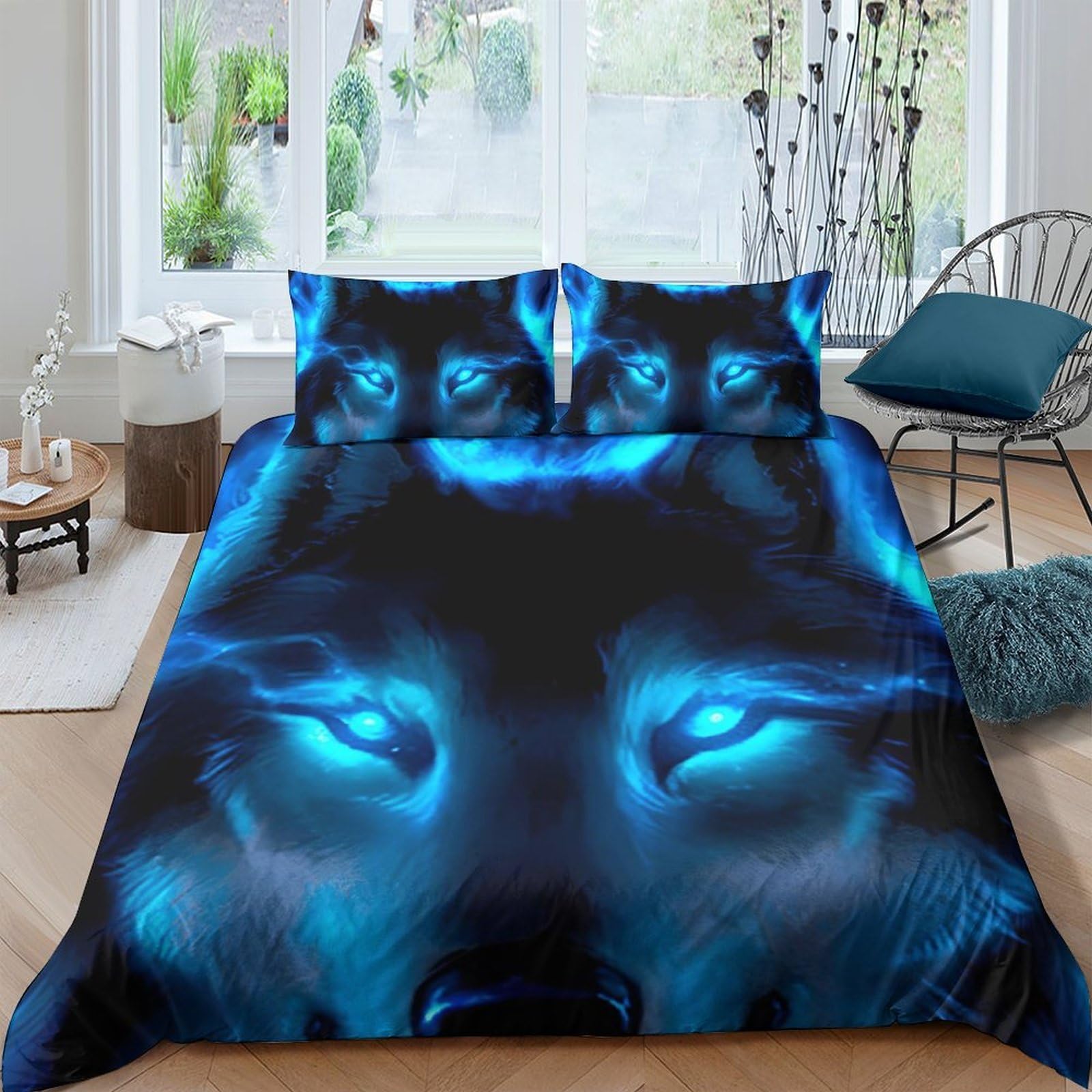 TUFRTGYHN 3D Printed Blue Wolf Duvet Cover Microfiber Soft Breathable Fantasy Animal Bedding Set with 2 Pillowcases for Bedroom Decor Single（135x200cm）