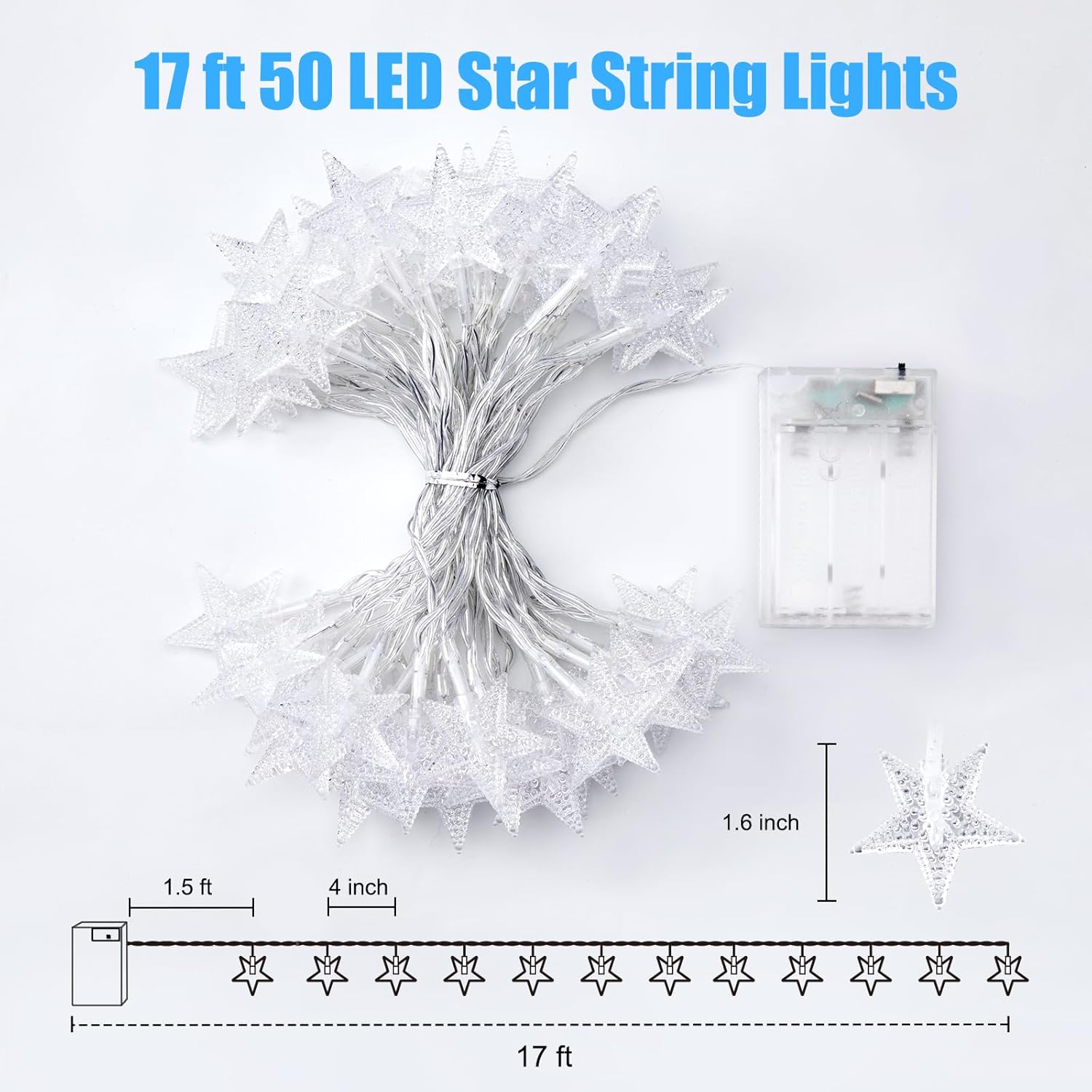 Star String Lights Battery Operated - 50 LED Star Fairy String