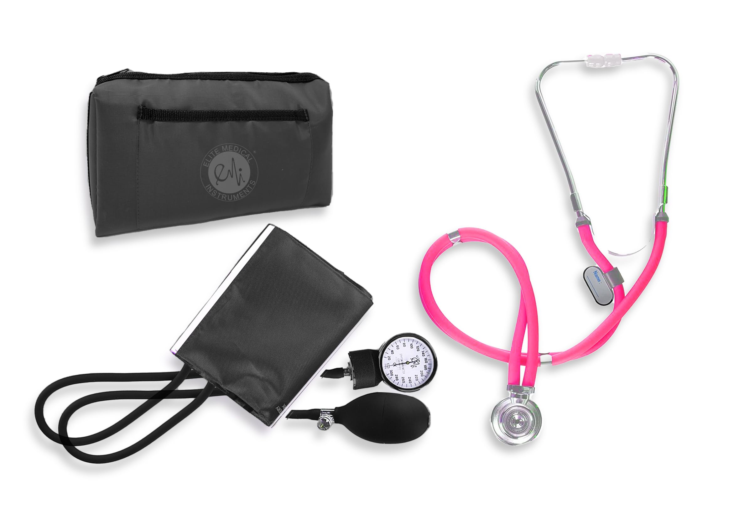 EMI Pink Sprague Rappaport Stethoscope with Black Aneroid Sphygmomanometer Blood Pressure Cuff Medical Nurse Set #340