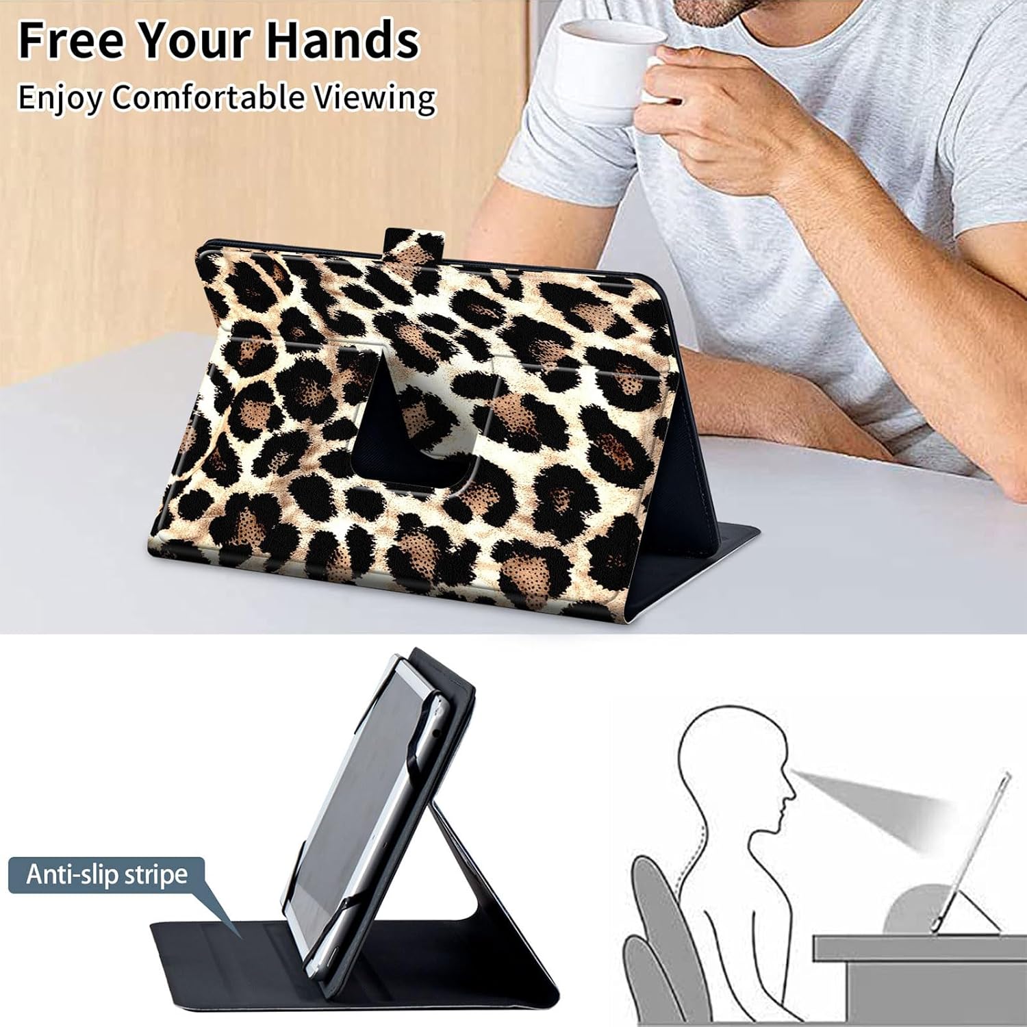 Universal 10 Inch Tablet Case, 10.1 Inch Tablet Case with 360 Rotating Stand, PU Leather Folio Cover, Compatible with Fire HD 10 2023, Galaxy Tab, iPad 9th/ 8th, Leopard Print 02