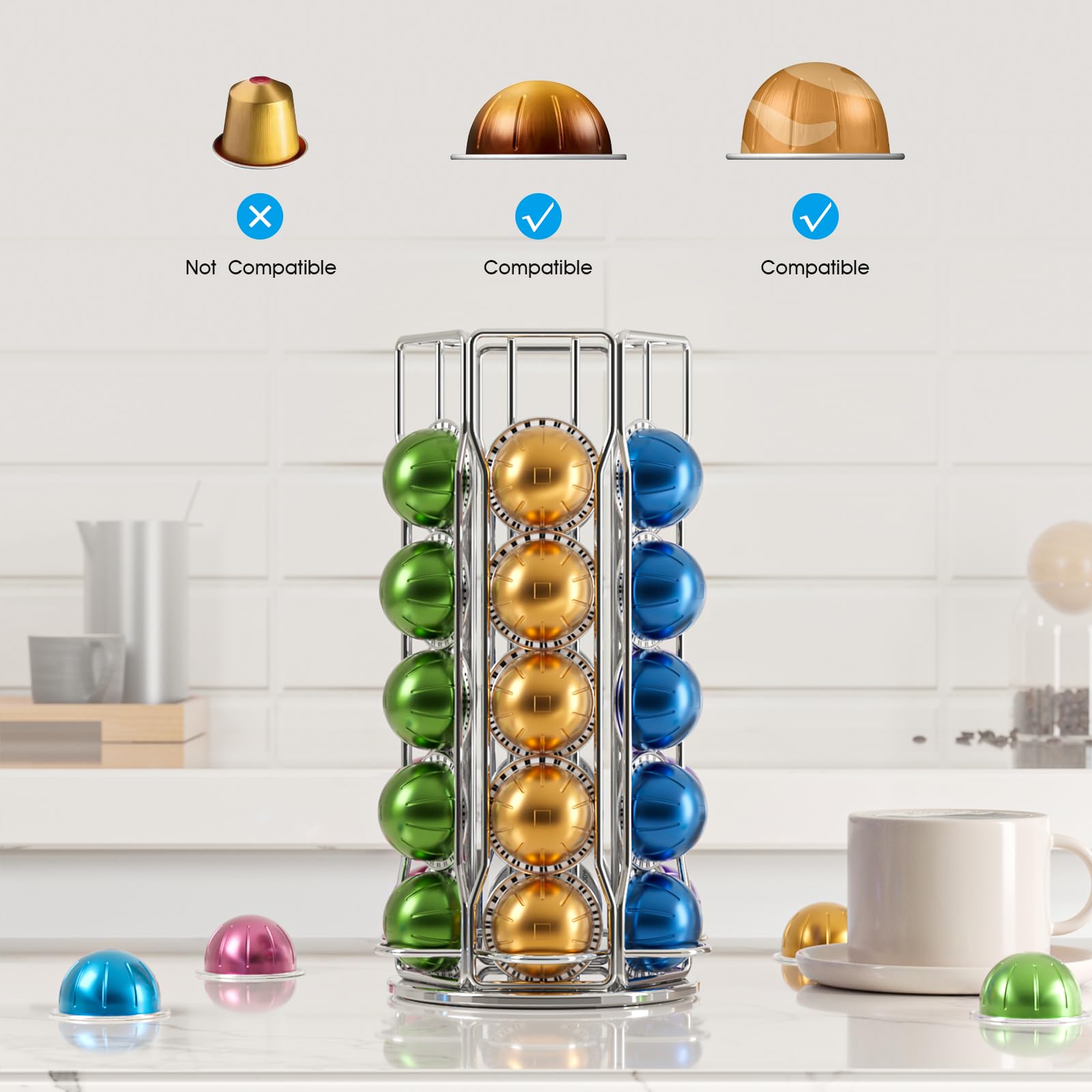 Organisateur étagère Cuisine Porte-capsules 5five Rotatif X36 - Pour Dolce Gusto Et Vertuo - Acier Chromé - Gain De Place Porte-capsules Rotatif 5five 36 Capsules Chromé