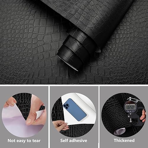 Miniatura 4 de Papel tapiz negro de cocodrilo para despegar y pegar, papel de contacto negro en relieve, papel tapiz texturizado, autoadhesivo, papel de contacto