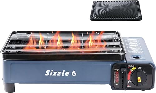 Sizzle Goods - Parrilla de gas butano portátil con rejilla de cocina de acero inoxidable estilo Iwatani y plancha antiadherente, estufa de mesa