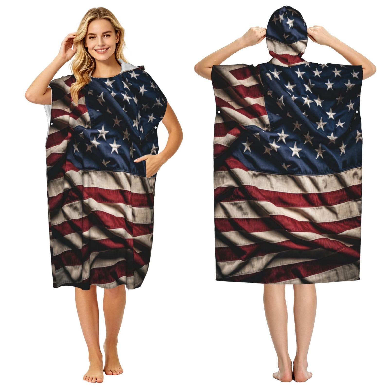 DTHKJNLSF Us Flag Adult Hooded Beach Poncho Towel