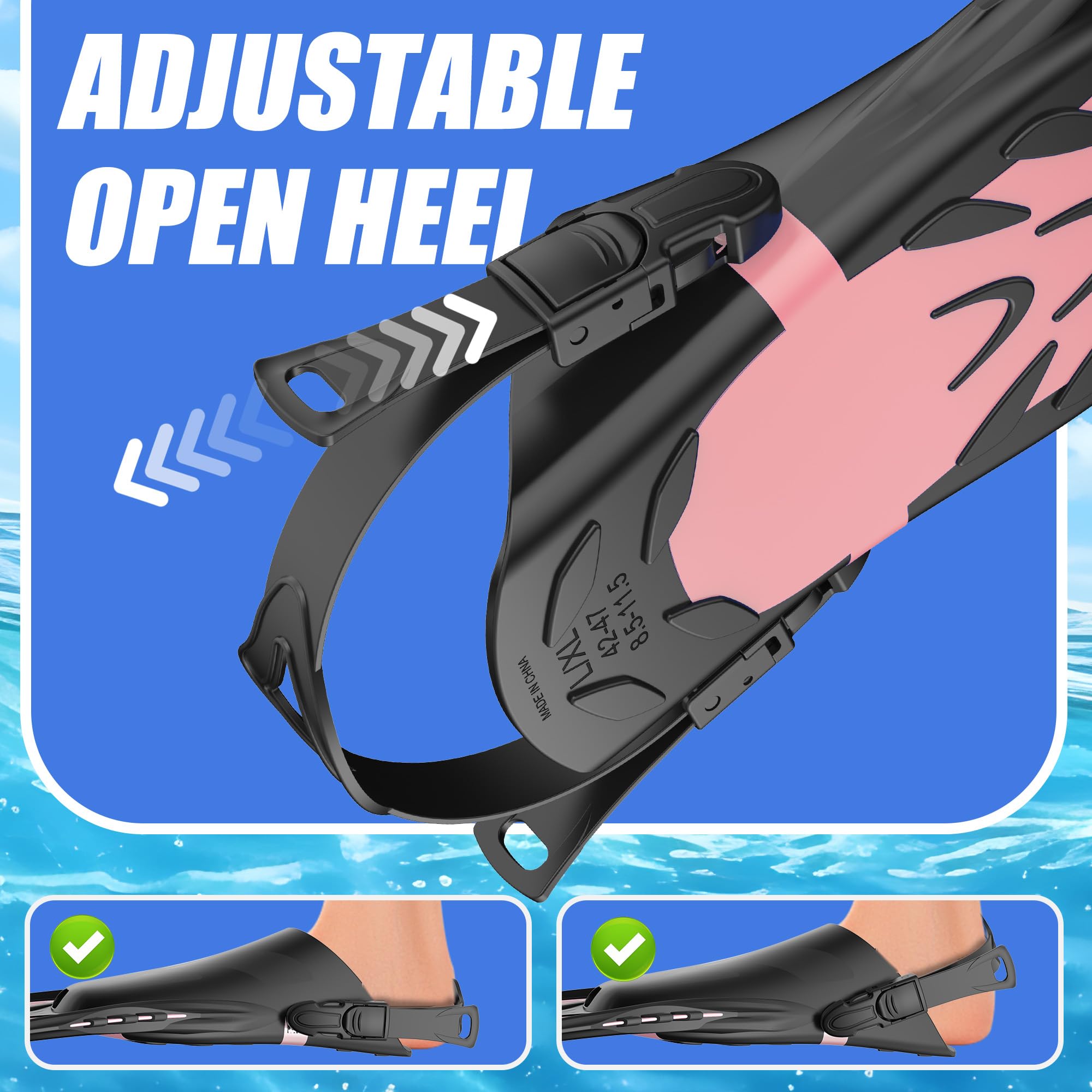 MELUMILU Snorkel Fins, Swim Fins Travel Size Short Adjustable for Snorkeling Diving Adult Men Women Open Heel Swimming Flippers: Pink S/M (US Men 4.5-8.5 / Women 5.5-9.5)