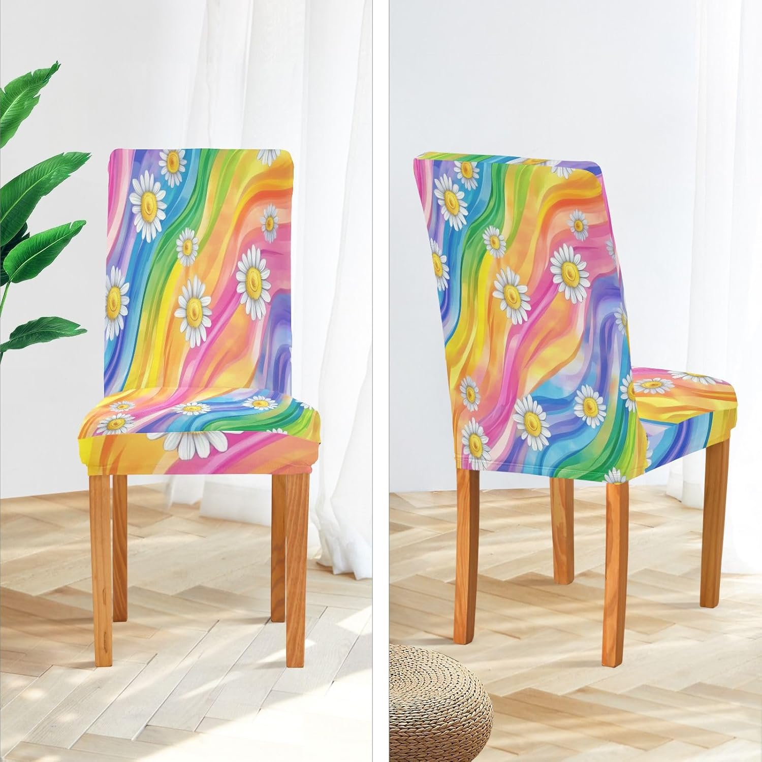 ALAZA Chair Covers for Dining Room, Tie Dye Daisy Flowers Rainbow Color Stretch Chair Cover Sets Chair Protector Removable Washable for Ktichen Restaurant Hotel
